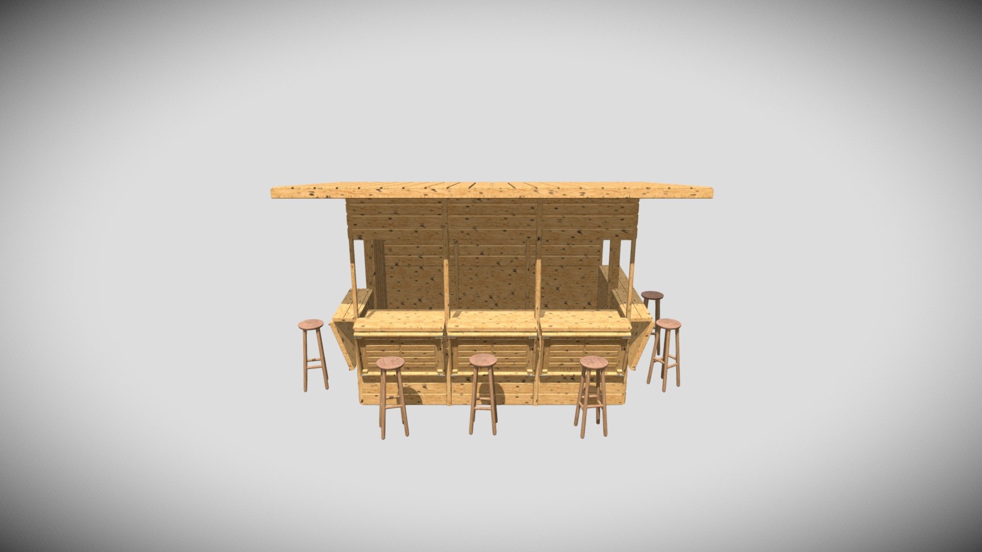 3D model of a wooden vending stand, also known as kiosk. The structure can also serve as a small bar (stools included).
Created in Blender. 
Whole model is textured, with fully unwrapped UVs. 4096x4096 PNG texture maps are provided (color, roughness, normal, metallic).
Model consists of 8014 faces and 8636 vertices.