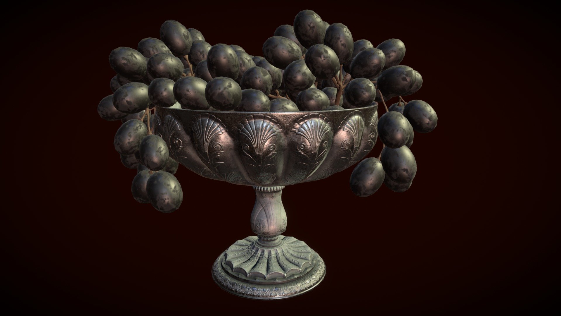 A victorian era fruitbowl from my victorian still life (Artstation). 
I used refractive opacity on the grapes to fake the translucency effect.