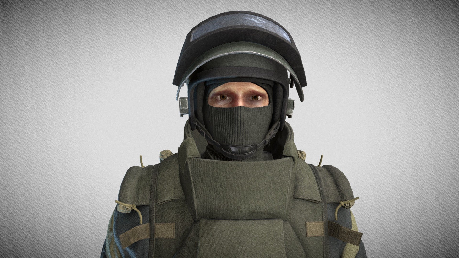 Game-Ready PBR low-poly model of a modern russian soldier. All materials and textures are included. The textures of the model are applied with UV Unwrap. Normal map was baked from a high poly model. Including 3dsmax and Blender, OBJ and FBX. Model is rigged and has a standard skeleton for Unreal Engine and Unity. The Character has no animation, the video only shows a demonstration.

33398 triangles 17150 vertices

Maps, tga:

boot (2048x2048), defence (2048x2048), glove (2048x2048), eyelashes_alpha (512x512), head (2048x2048), helmet (2048x2048), helmet_glass (2048x2048), pant (4096x4096), shirt (4096x4096)