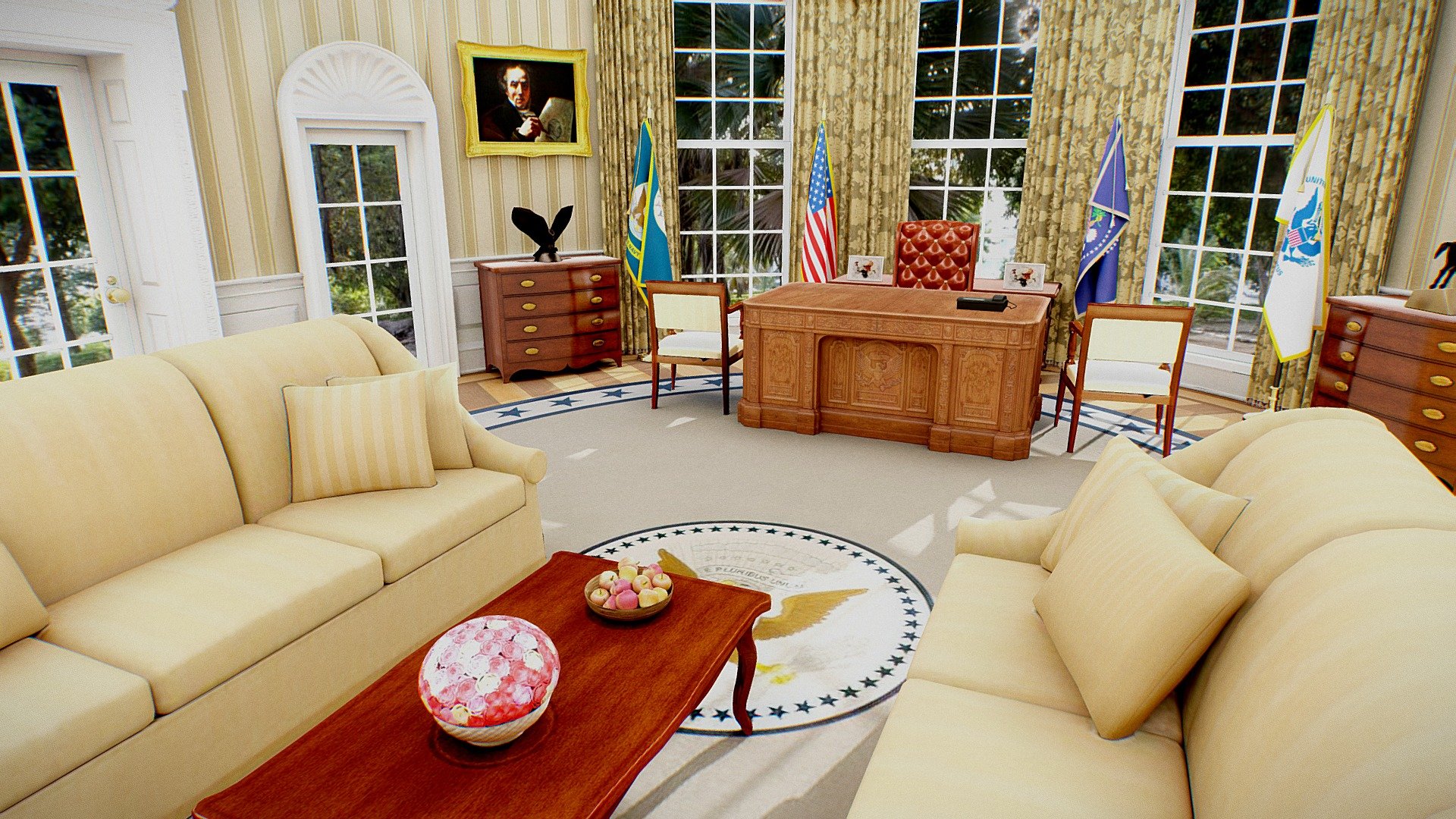 This is a Oval Office created especially for virtual spaces, optimized for mobiles and augmented reality.
Some resources shown here are for external use.
This scenario is in real scale, measured in meters.

Try our space in Spatial before you buy it (FREE)
https://www.spatial.io/s/Virtual-Oval-Office-Marco-Virtual-MX-6446c151adbcec330cc368d4?share=720765629518034802

Buy me a Coffee; https://www.buymeacoffee.com/marcovirtualmx

Modeling/Baking: Blender

Textured: Substance Painter

Texture Size: 4k - 1k

If you have ideas about your scenario or need one, contact us: marco.virtual.mx@gmail.com