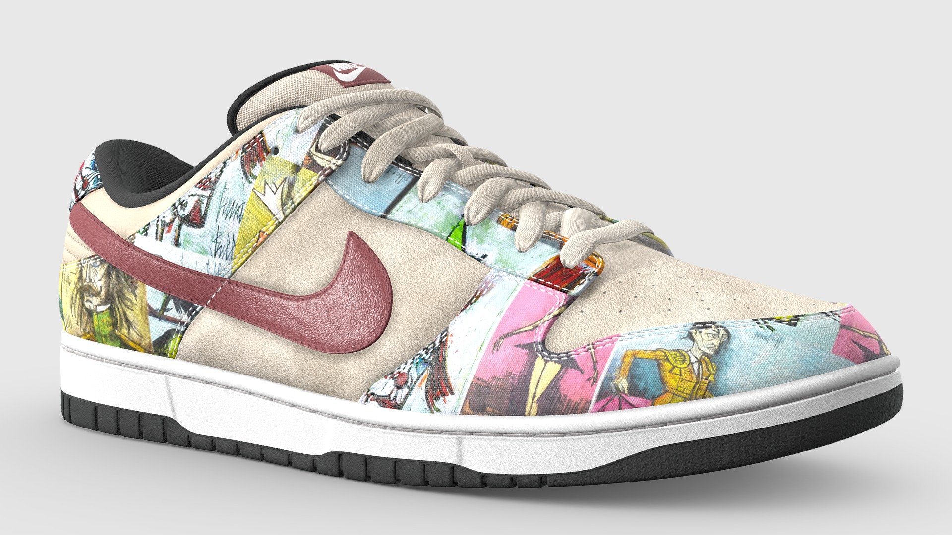 The most expensive shoe currently on the market, the history of the Paris dunks is as interesting as the brush strokes that coat its canvas exterior. Released in 2003, the shoe uses the work of French artist Bernard Buffet to cover its canvas panels. Only 202 were created, with each pair being unique. The shoe is valued at roughly $100,000 

What's included Firstly, two versions of this model. The base version with 4 texture sets, and a One Mesh version that uses only 1 texture set. Both models are identical, only how they are unwrapped is different. There are two texture sets, with 4 maps, namely: Base Color, Metallic, Normal, and Roughness. All textures are 4096x4096

Base Polycount for the shoe is 23,883 which is subdivision ready. The model on display here is at 1 level of subdivision.