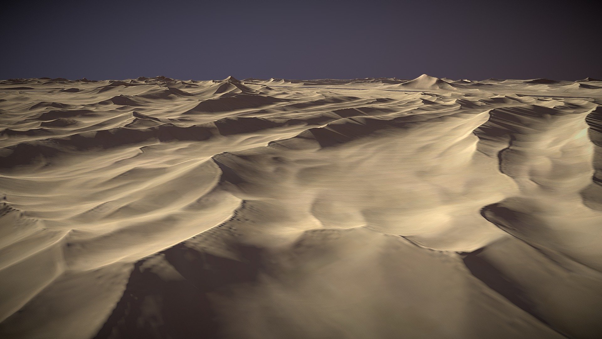 Dunes contains 4 terrains, sharing same material/ texture.  PNG in 4k for color and normal.

Good for creating vast desert scapes. Average triangle count per terrain component 63k