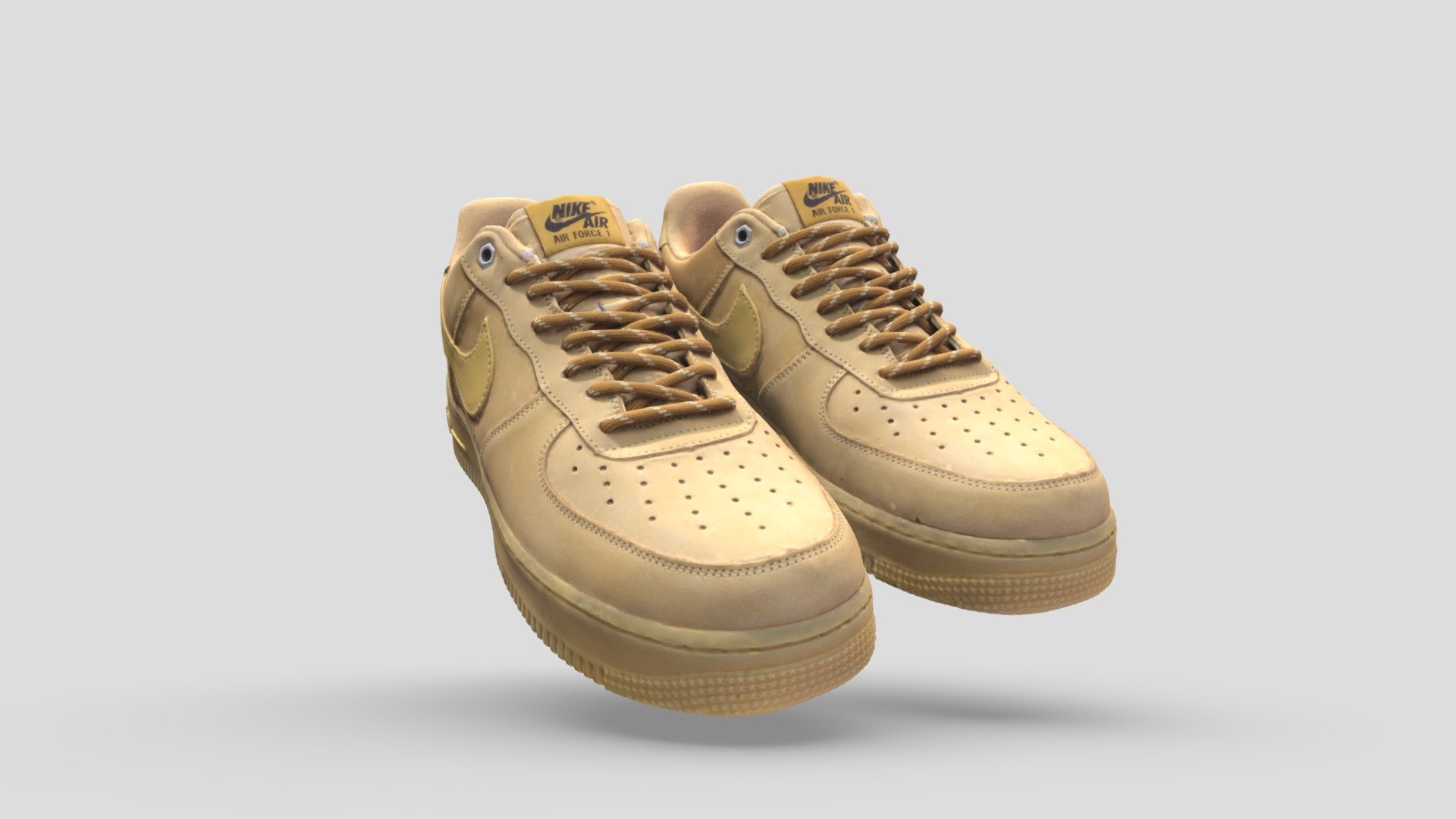Highly detailed, photorealistic 3d scanned model Nike Air Force 1 Brown
The model is cleaned up and retopologized and ready to use! 
The set includes a pair of sneakers.

&mdash;What's included&mdash; 
4k texture maps 
Each sneaker has 200k polygons 
All the models come in FBX/OBJ File formats.

*Please note that this is a photo-scanned model, and it may not be a 100% perfect model.