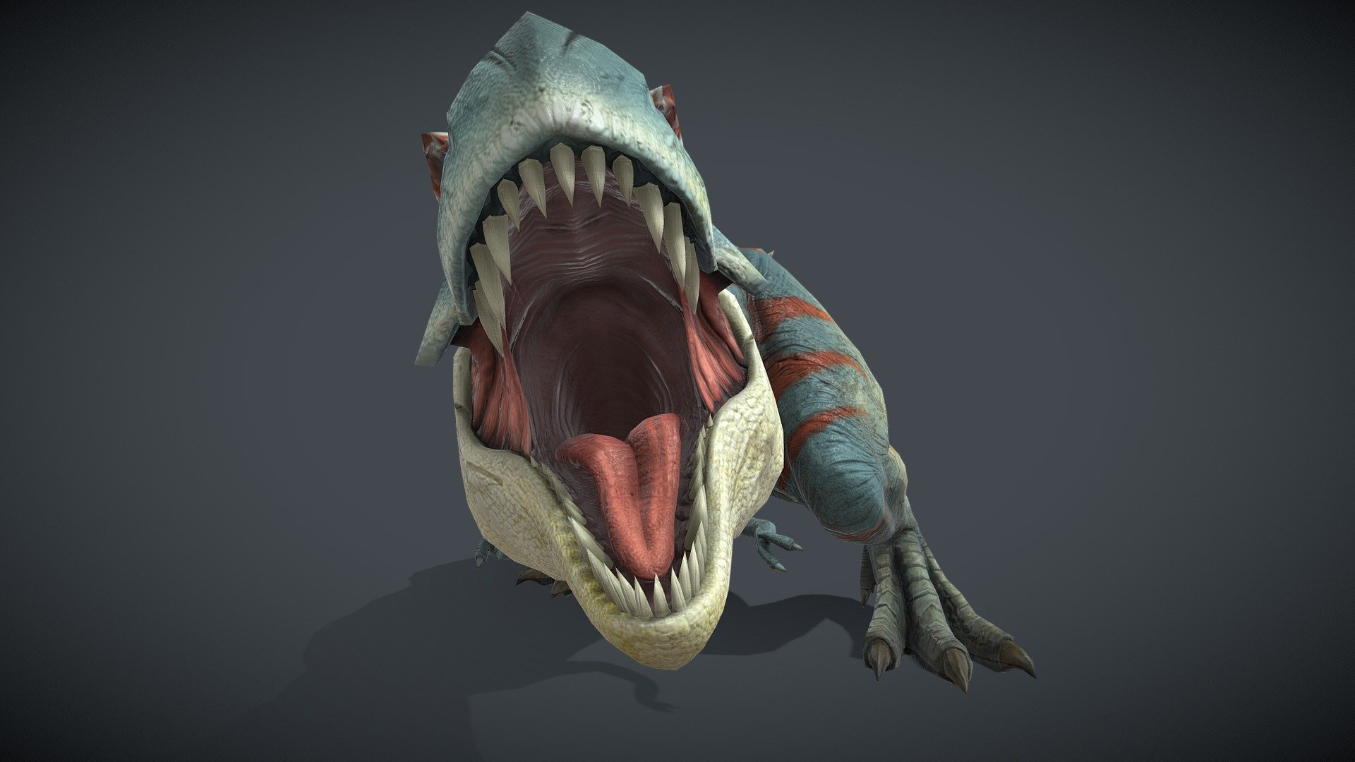 An Animated T-Rex Dinosaur Bites during an Attack in this Looping animation.

See this 3D model in action, and more models like it, in this collection of free augmented reality apps:

https://morpheusar.com/