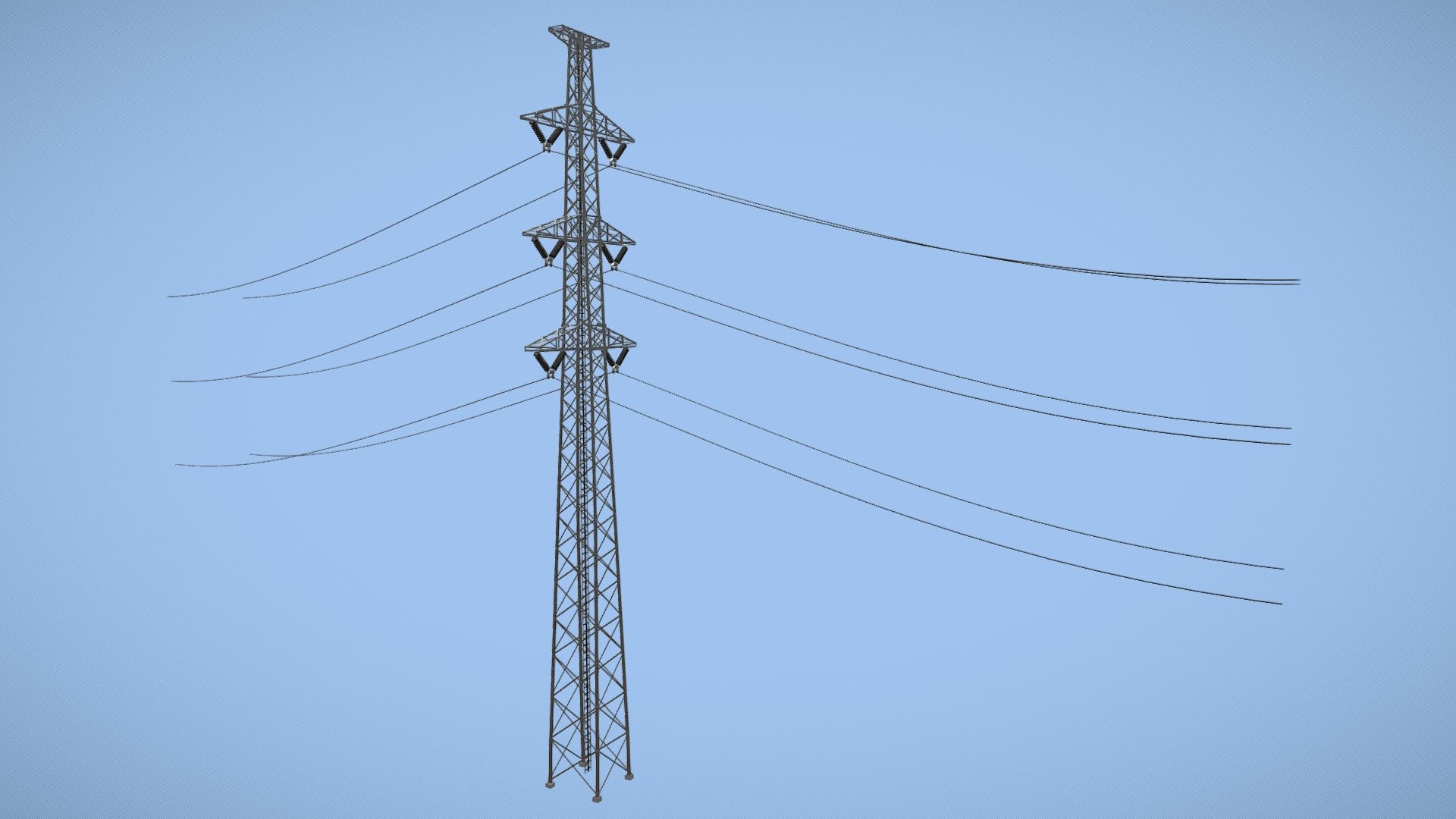30m (150ft) Tall Double Circuit High-Voltage Power line with hanging 3 layers of hanging electric wires
The powerlines are matching seamlessly to the next tower's powerlines when the towers are put in line.

Includes:
High Poly model
3 material slots (no textures)
*2K HDRI

File formats:
Blend (original)
Dae
FBX
OBJ
