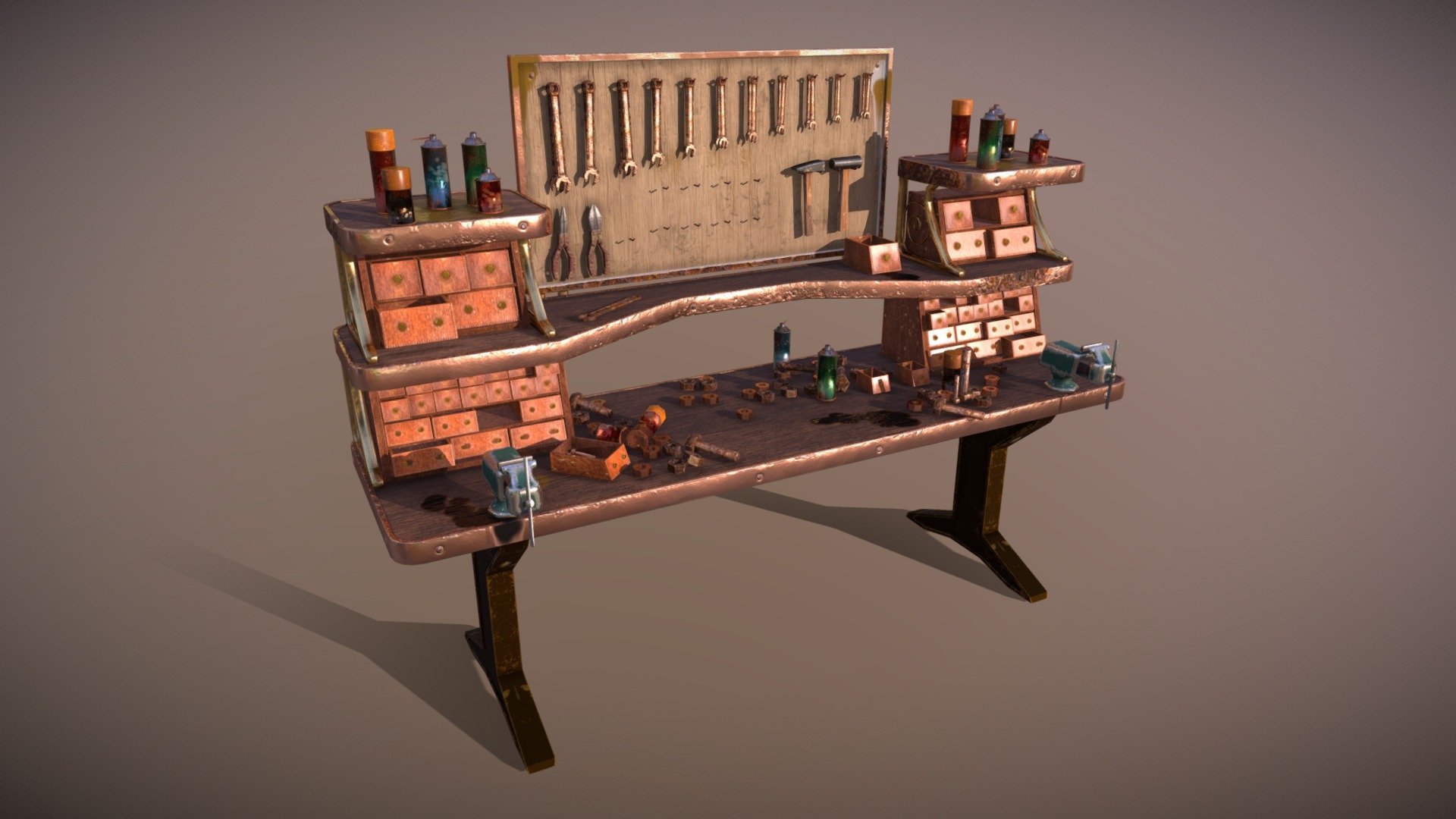 This is the workbench for the steampunk scene I made: 
https://www.artstation.com/artwork/N59Z5N

Made with Blender 2.8 and textured with Substance Painter.

The download includes:





The main FBX with 2K textures




FBX with clean workbench




FBX with only tools




Unity (URP) and Unreal (Packed) textures


