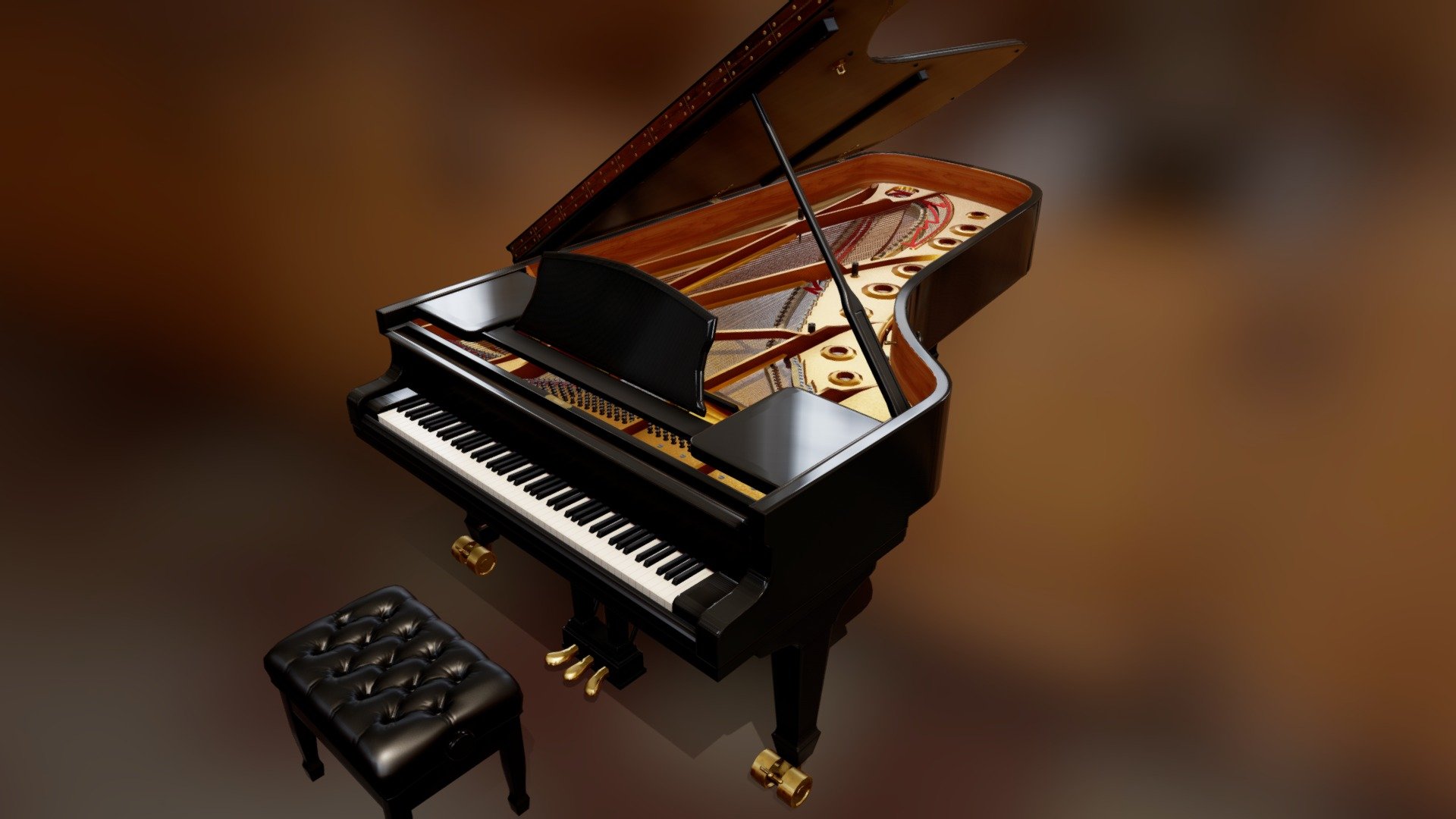 Brandless Grand Piano based on Steinway's Model D.

Modeled to scale and Optimized for use as the main piece of a real-time scene. Primarly made for arch viz in Unreal Engine 4, but may be used with any PBR renderer.

The Mesh is triangulated and edges are split.

The UVs are tightly optimized, overlapping only on repeating geometries.

The Textures are 2048x2048 png

The Rig only covers the non-playable aspect of the piano (Keys, Hammers, Action and Pedals are not rigged) 

The Animations are simple 1 frame poses.

Additional files include .uasset for UE 4.20 and up (drag and drop in your project's content folder (in FileExplorer, not UE4 ), instantly ready for use)

The UE4 implementation allows you to easily:




Change the Pose of the piano and seat

Change their colors

Enable a secondary color for the seat

Toggle visibility of seat and music rack

UE4 Features: i.imgur.com/B6K7oRy.gifv

I'll be glad to answer any questions or issue regarding the model