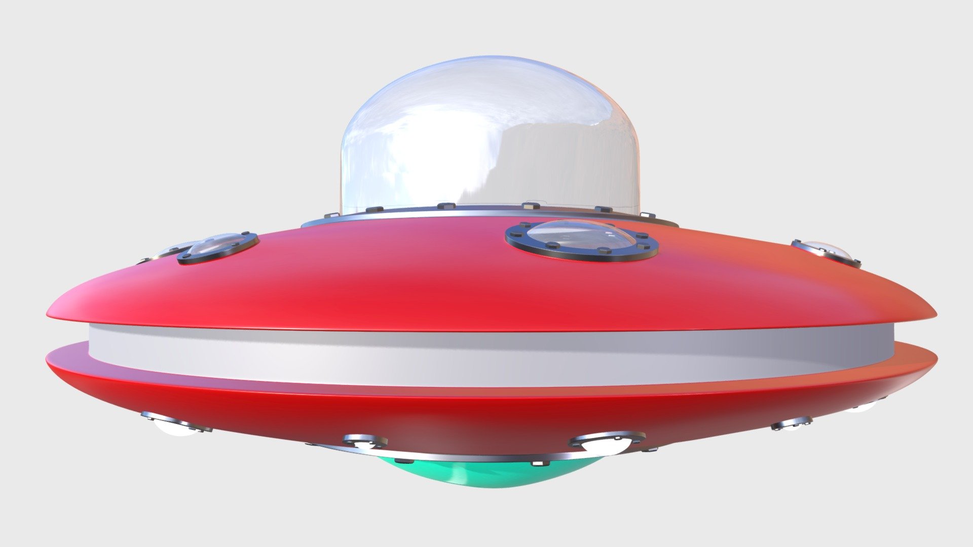 Low Poly UFO

Geometry:
Subdividable 

Textures/material:
Color materials used, no textures used, no unwrapping of uv's.

Render/Previews:
Rendered with Cycles, HDR used (Packed into the file).

Original file format:
.blend