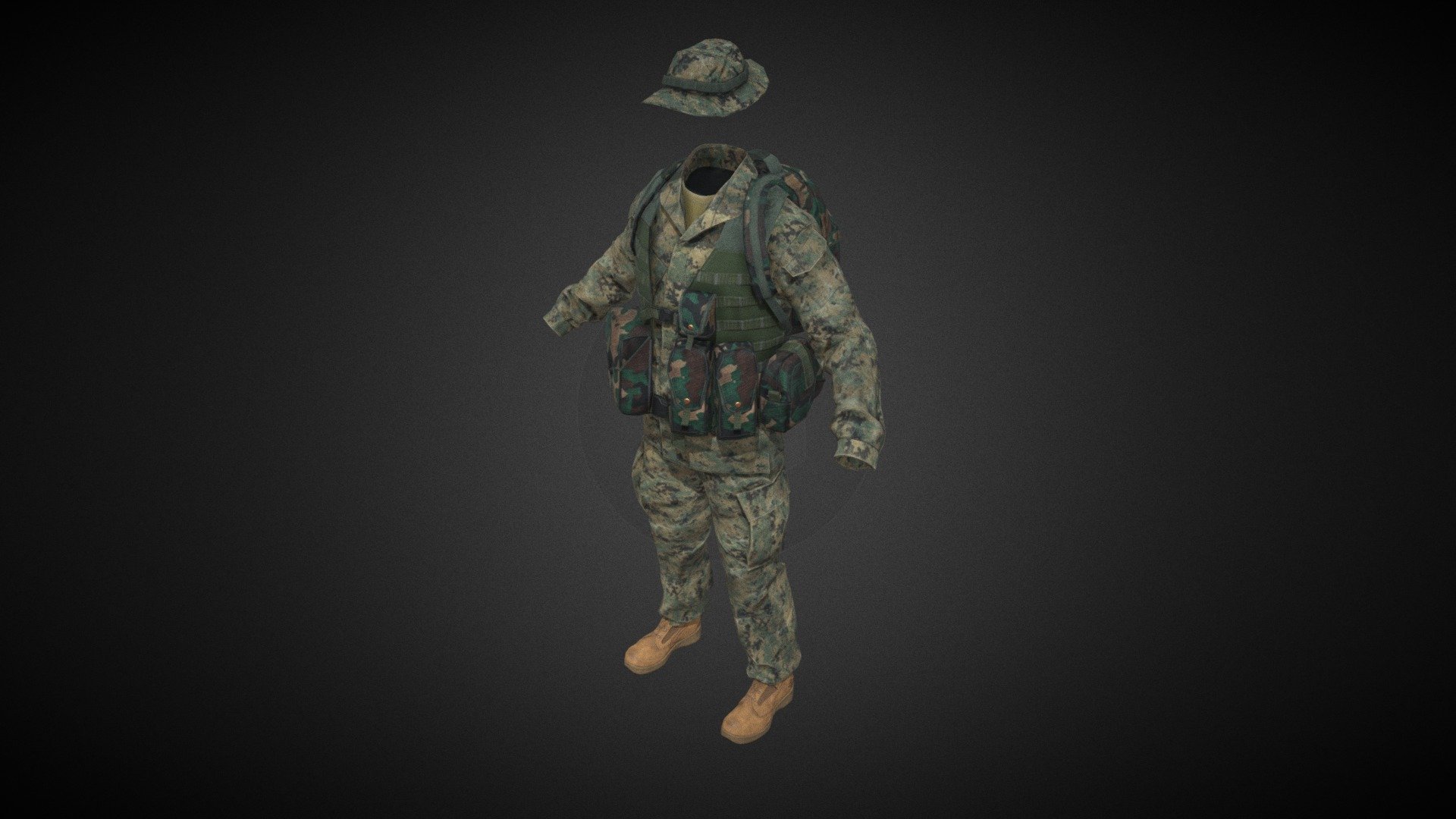 A rifleman may employ the M4 carbine, the M203 grenade launcher, the M27 Infantry Automatic Rifle, AT4 and M72 LAW rockets. Riflemen are the primary scouts, assault troops, and close combat forces available to the Marine Air Ground Task Force. They are the foundation of the Marine infantry organization, and as such are the nucleus of the fire team in the rifle squad, the scout team in the LAR squad, scout snipers in the infantry battalion, and reconnaissance or assault team in the reconnaissance units. Noncommissioned officers are assigned as fire team leaders, scout team leaders, rifle squad leaders, or rifle platoon guides.

Equipment was made for as a addon for ARMA Reforger - its available on workshop.

Textures was scanned from orginal equipment (made them seamless) and fitted on in SP.

That set was worn by riflemans in 2003 - 2005.