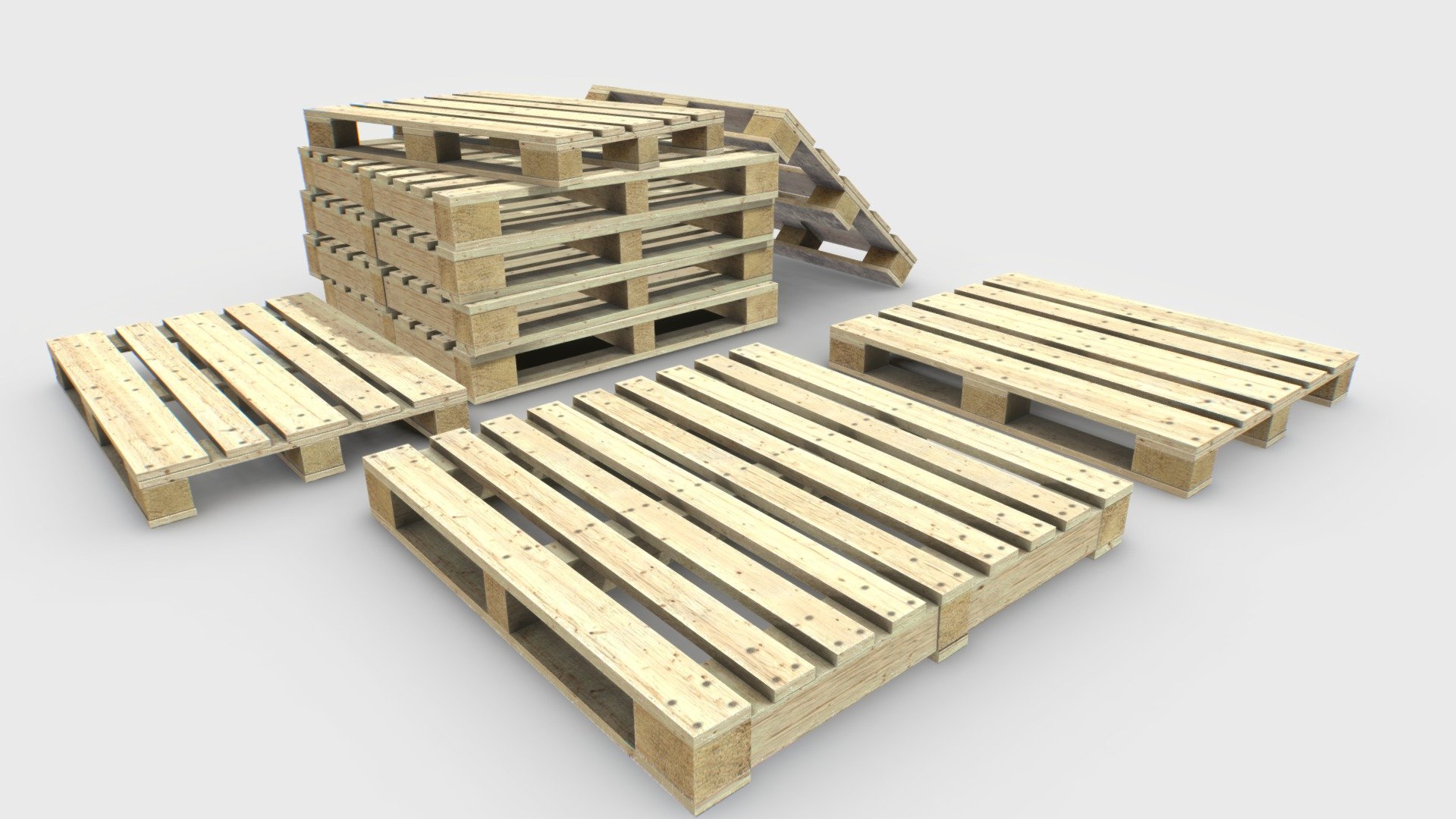 Industrial pallets based in real ones. 3 pallets included: 1200x1200 1200x1000 and 1200x800 cm.

Comes with 1 set of PBR 4096p textures including Albedo, Normal, Roughness, Metalness and AO.

Suitable for factories, hangars, warehouses, construction sites, trucks, etc..

Realistic scale. Total verts 600, polys 1100

Pallet1 270verts.
Pallet2 160verts.
Pallet3 160verts.