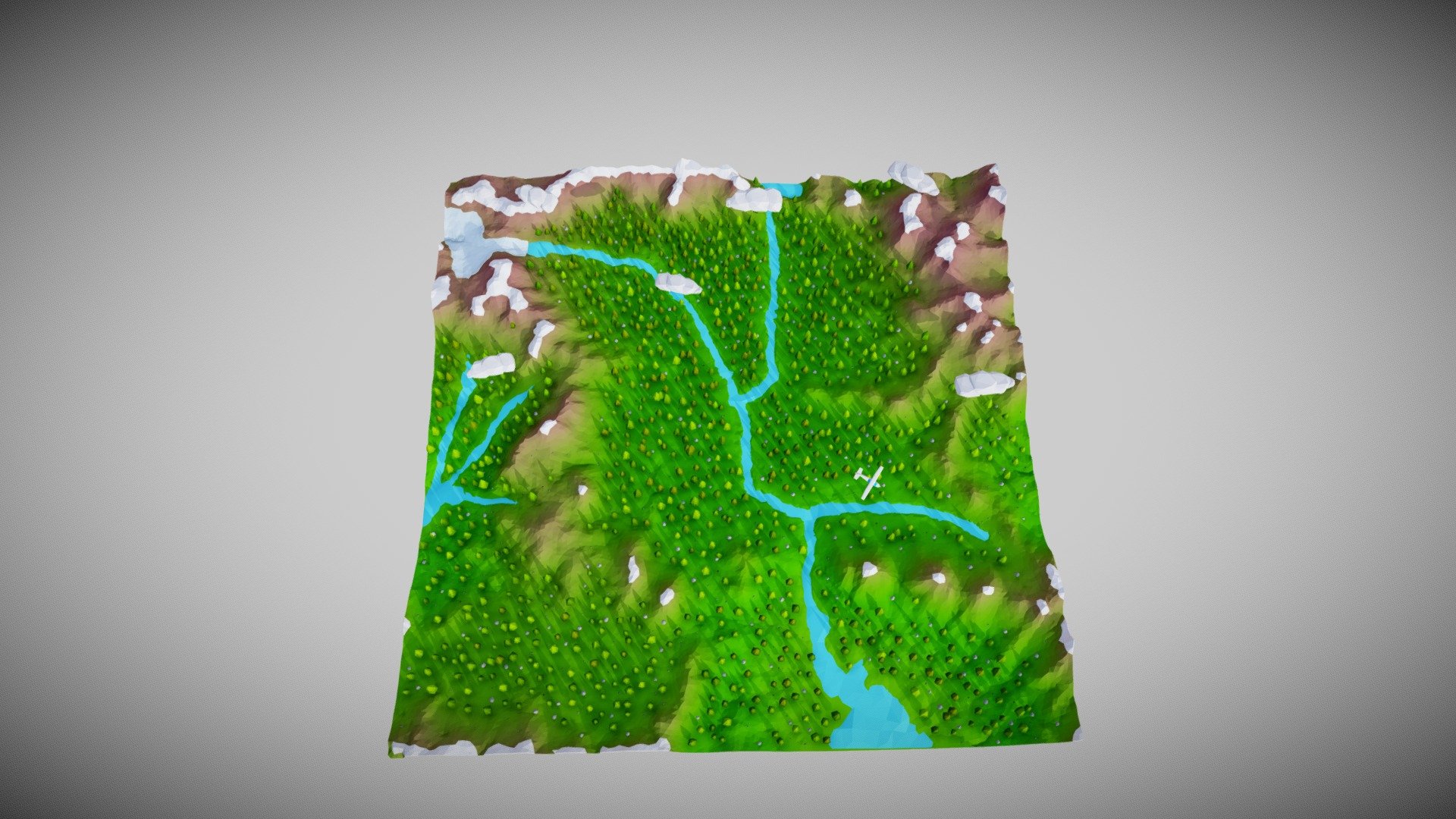 Cartoon low poly large landscape scene with mountain ranges, forests, glacier, rivers, streams, clouds, rocks,&hellip; 

If you need some custom low poly work, 3D model contact me! I will try to respond in few hours and do it as soon as possible.

https://www.fiverr.com/art_vision_x3?up_rollout=true