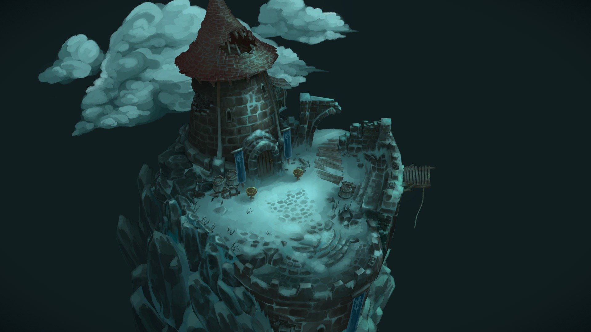 An old Wizards tower; lost to the elements. I wanted to practice painting lighting, so 98.3333 % of the UVS are unique! It was a fun challenge! Modelled and painted all inside Blender!