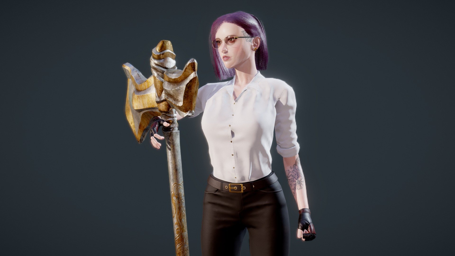 
POLY COUNT:




|Faces: 26799

|Triangles: 53444

|Vertices: 33605

|Edges: 59967

FORMAT:




.blend

.FBX

.OBJ

BLENDER_SCENE:




|Shaders

|Rigging

|Animations

|Blendshapes

TEXTURES:




12 texture set.

TEXTURE VERSIONS: 2-HEAD, 3-EYES, 6-CLOTHES, 2-CLOTHES_2, 4-GLASSES, 4-WEAPON.

Different versions of textures BODY for optimized compatibility with clothes.

Change the color of parts with Color_Mask texture.

All textures are signed and located in separate folders.

Model info:




Model Name: Fighting girl with battle axe

Model Height: 167cm

PBR Textures

Full Rigging Control with Blender

4 BODY versions under clothes

9 Animations



Thank you for supporting !
