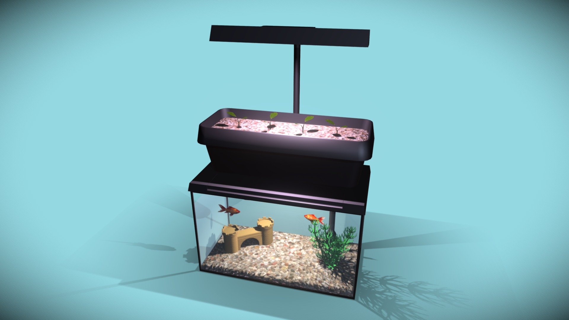 Aquaponics are cool. Growing your own food in general is kind of cool.
Food doesn't need to take a cross-country drive from the farm to your dinner plate, but that's how most of us eat. It's just gross in my opinion.

I tried to imagine what a decently-sized aquaponic aquarium setup would look like if they were sold in pet/gardening stores. The setups I found sold online are too small to humanely keep beta fish in, they're really just cruel science projects.

This asset is intended to be kitbashed with different plants and fish. Only one goldfish and plant are included
