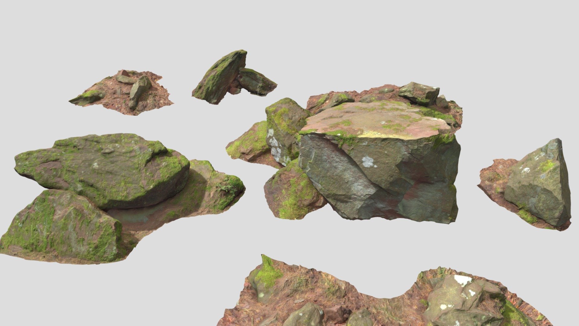 Fully processed 3D scans: no light information, color-matched, etc.

Ready to use for all kind of CGI

Source Contains:
- .obj
- .fbx
- .blend

4K Textures:
- normal map
- albedo
- roughness

Please let me know if something isn't working as it should.

Realistic Rocks Stone Forest Pack Sandstone Scan
