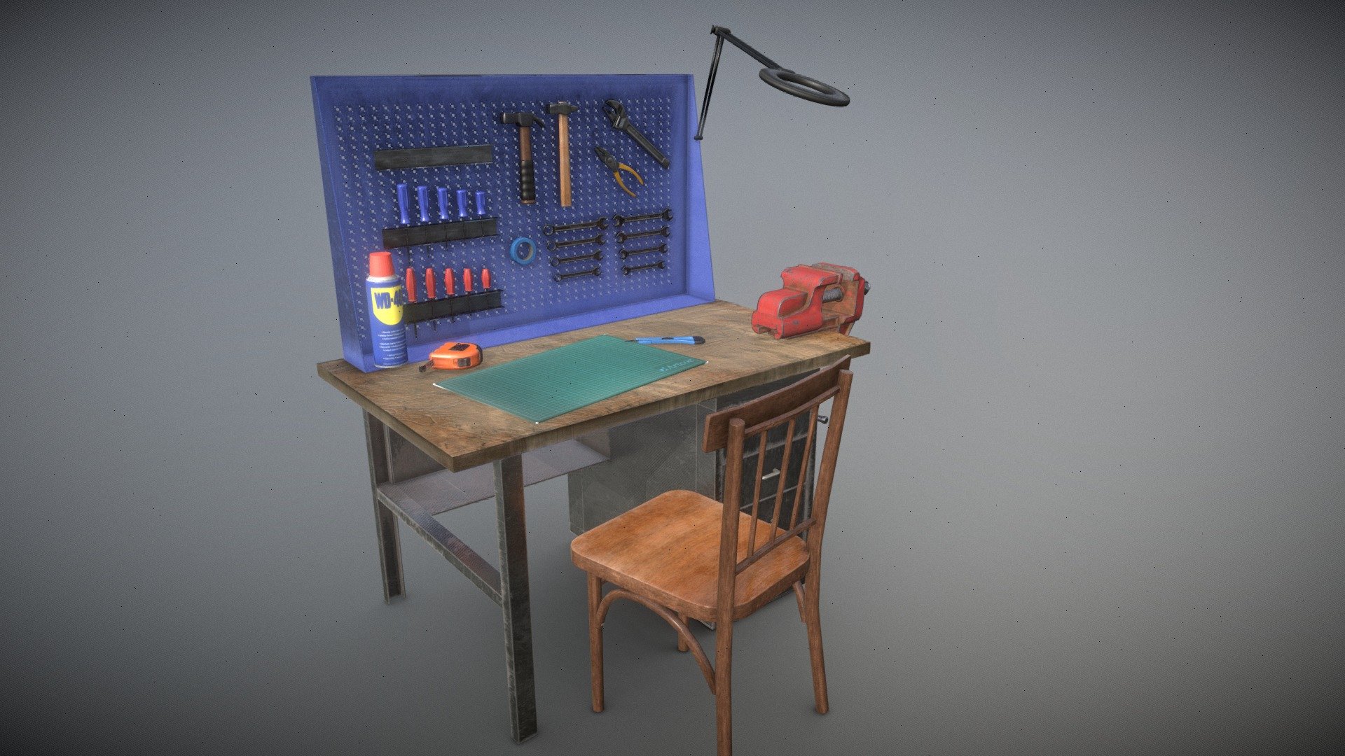 3D low-poly models of WorkBench Station

Every good worker has his own workbench in the garage.

PBR 4K texture set + AO for every object.

Models are logically named:

• Working Table

• Vice

• Wrench Tool

• 2 models of Hammer

• 2 screw Drivers Models

• WD-40

• Roulette

• Substratte

• Stationery Knife

• Mountable Lamp

• Pliers

• Blue Electrical Tape

Free 3 examples available:

• Hammer https://sketchfab.com/3d-models/just-a-simple-hammer-342d75827f6547179b70d612c3fa69c4

• Hammer 2 https://sketchfab.com/3d-models/just-a-simple-hammer-2-99e406eb26924654a6a0e7c7645a941b

• Wrench https://sketchfab.com/3d-models/stainless-steel-wrench-tool-5445c58e2dca45eb9845449d441b2d3d

Better textures are available in the native blend file. Models are based on references that exist in the public domain. Feel free to write if you need to create models in a different format.
