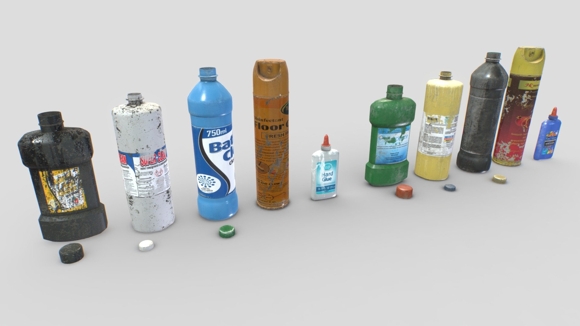 Pack of junk of plastic bottles and sprays. Realistic scale. Includes cleaners, glue bottles and sprays . 8 meshes.

Each object comes with 2 texture sets (materials), for a total of 16 different objects and 2 materials. Each mesh use 1 material only.

PBR 4096x PBR textures including Albedo, Normal, Metalness, Roughness and AO. Unreal ARM mask texture included (ao, rough, metal). Also unity HDRP mask included.

6k verts and 13k tris in total.

Suitable for garages, landfill, street trash, apocalyptic scenes, etc&hellip;