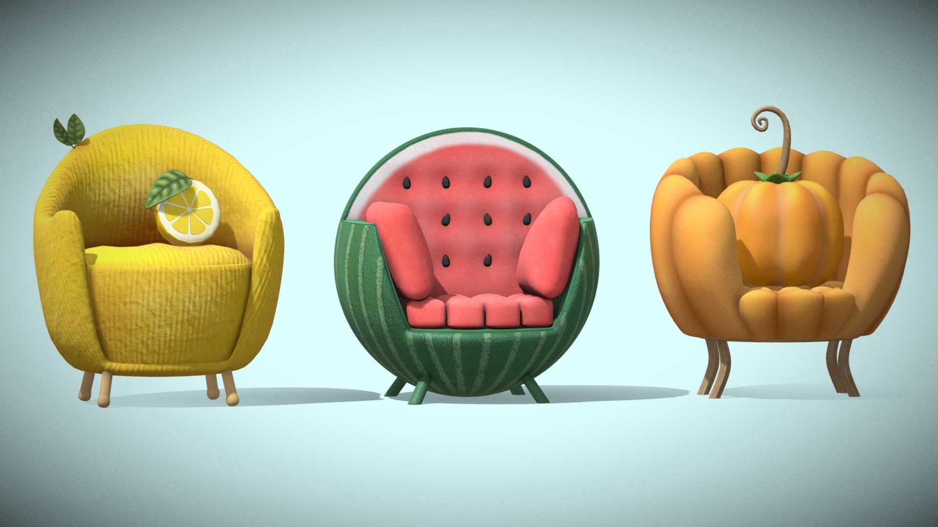 Inspired by the ingenious AI-generated designs of  Bonny Carrera , we've transformed ordinary fruits and vegetables into extraordinary pieces of furniture. In this pack, you'll discover Lemon, Watermelon, Pumpkin armchairs that redefine the boundaries of furniture artistry.