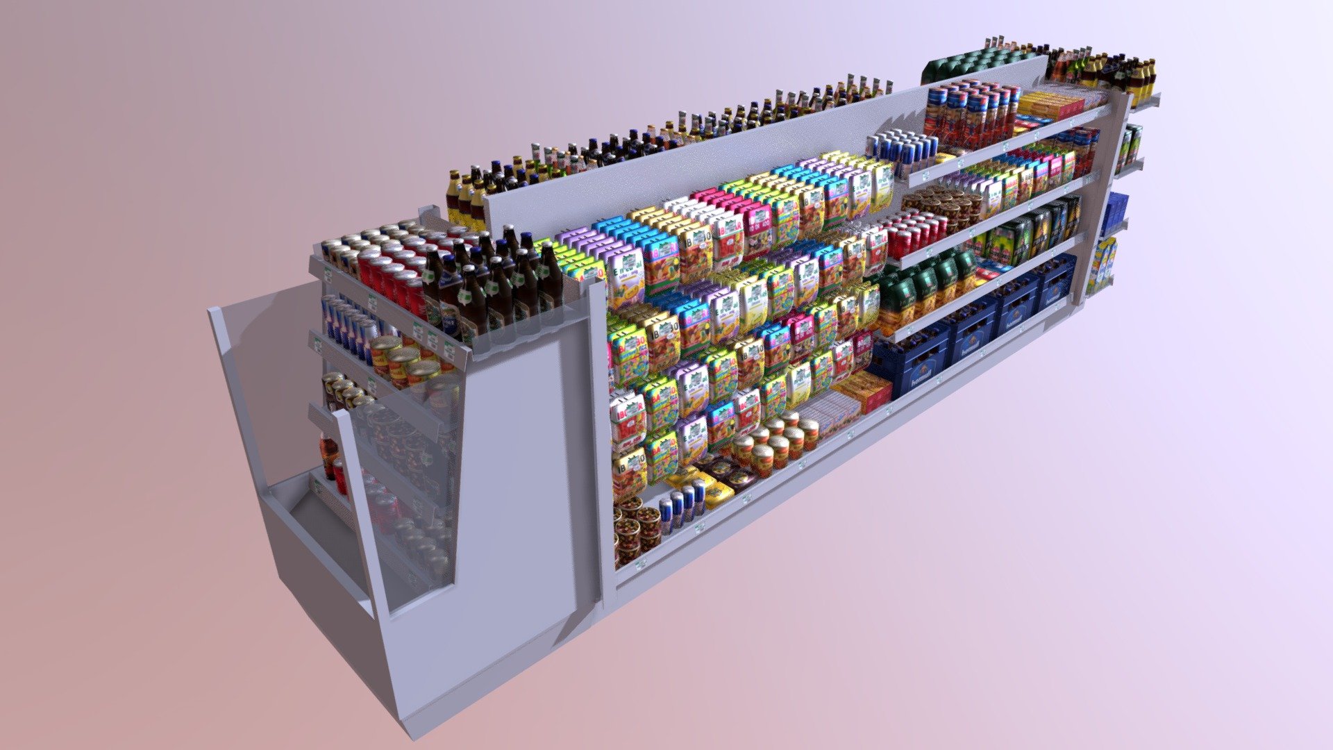 Common shop shelf. This shelfs are in gasstations and also in some markets. For all the items i used one texture with its corresponding pbr textures:

article_atlas_  color, metal, specular, normal

For the shelfs itself i just used 4 materials without textures, plexi-glas, metal, steel and plastic