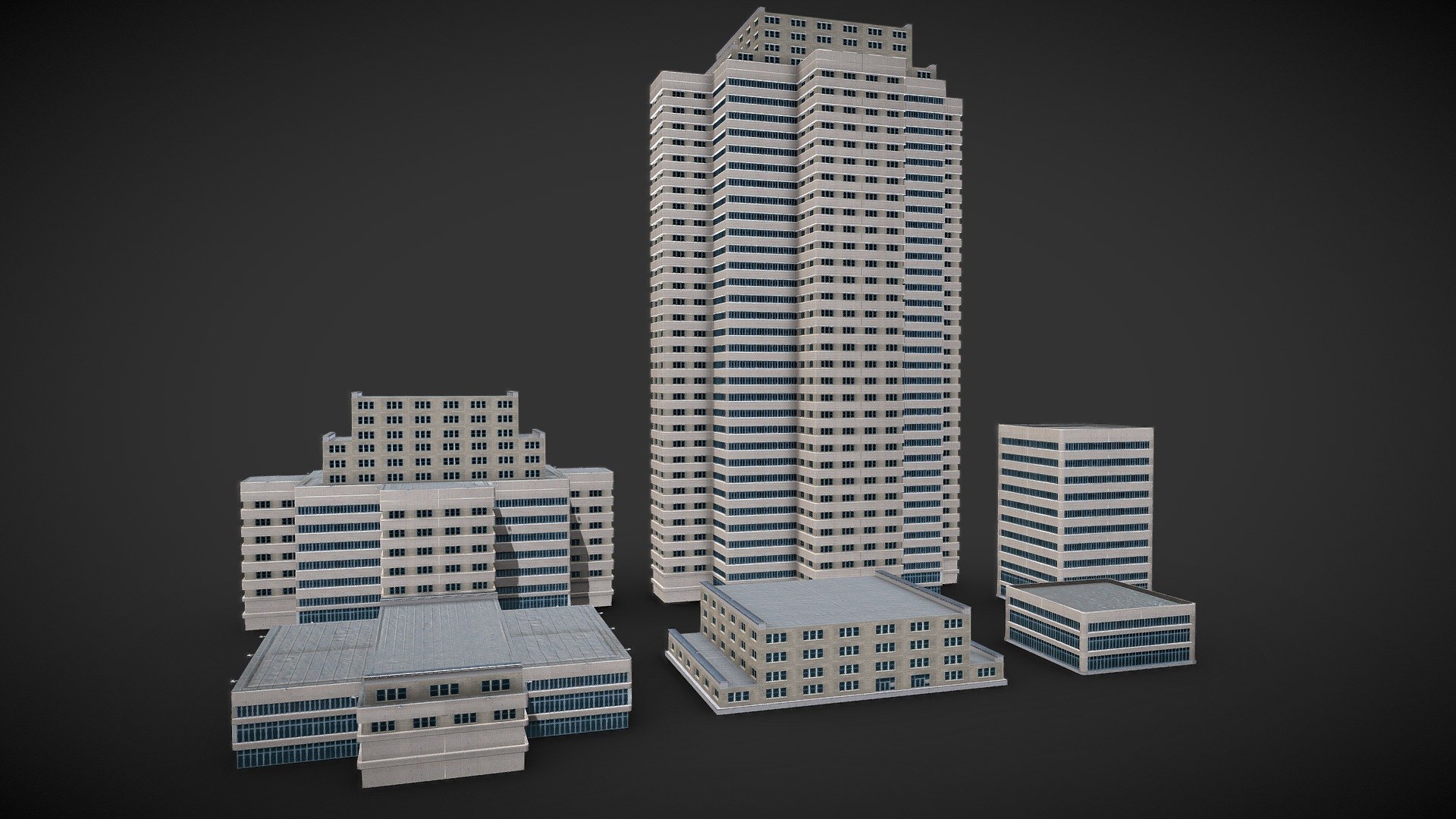 This is a set of 6 models in the same style, sharing the same materials and textures.

It comes with 2 diffuse textures – day and night, with specular alpha channel and normal bump texture.

Textures are 1024×10424 in size




Small Building: 958 tris

Middle building: 3742 tris

High Building: 15066 tris

