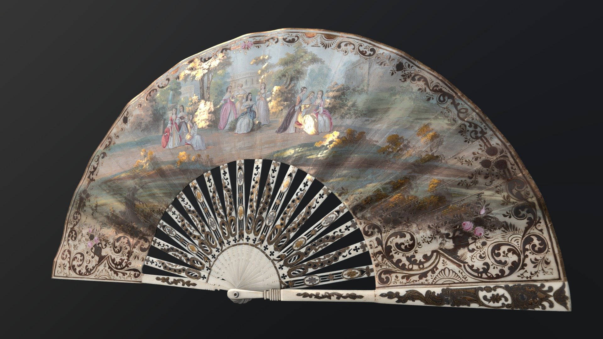 France 
monture - 1770s

leaf - 1850s 
Dimensions: 27 х 13.5 х 51.5 cm
Materials: ivory, gilded foil, paper, gouache, copper, mother-of-pearl
Technique: carving, engraving, gilding, lithography, painting