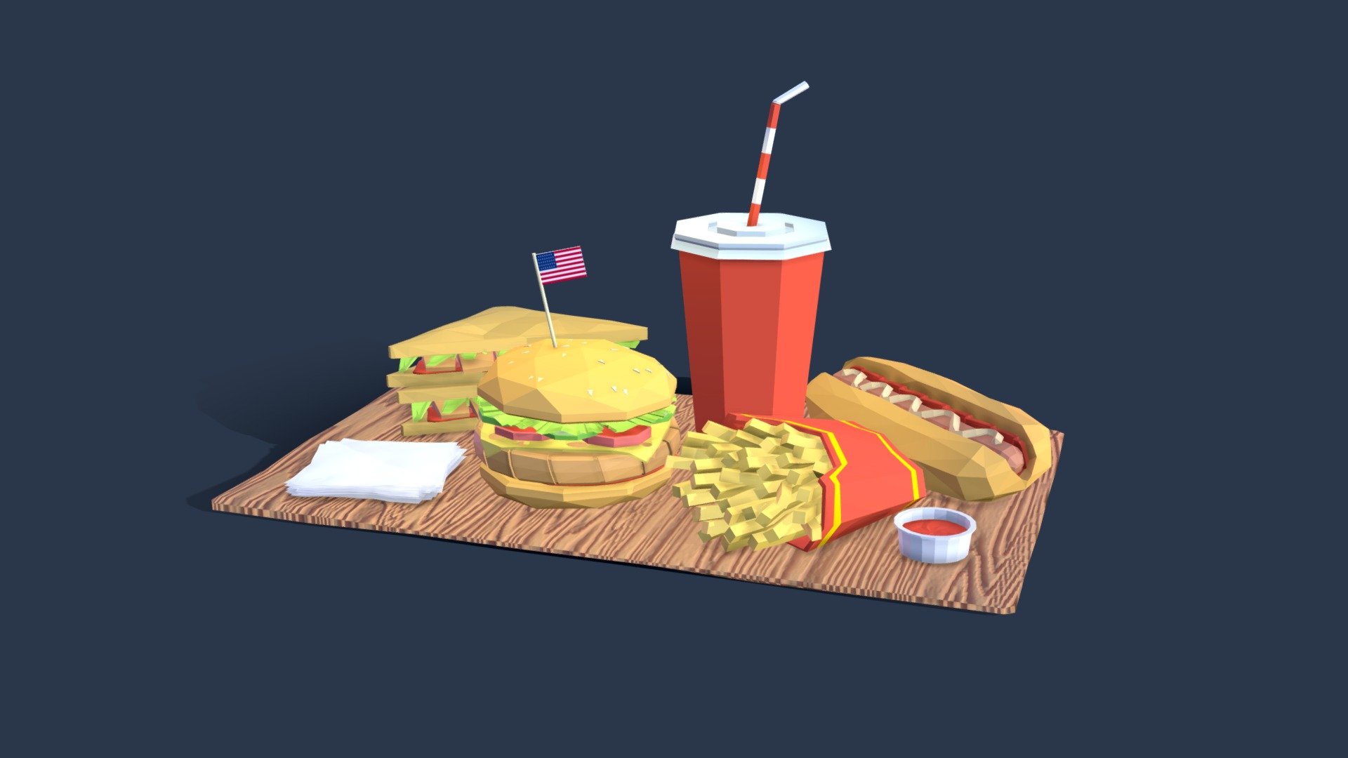 

Cartoon Low Poly Food Pack Illustration

Asset include Burger, Drink Cup, Potato Free, Hot Dog, Sandwich, Sauce

Created on Cinema 4d R20

10 982 Polygons

Procedural Textured

Game Ready

AR/VR Ready
