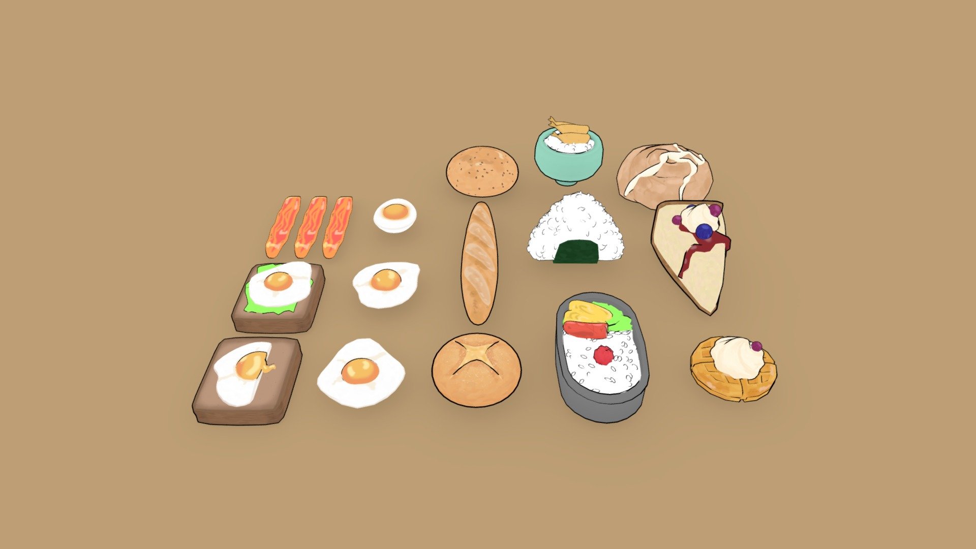 Several foods made in a cartoon/ghibli inspired style :)
vertices count doubled for toon shading