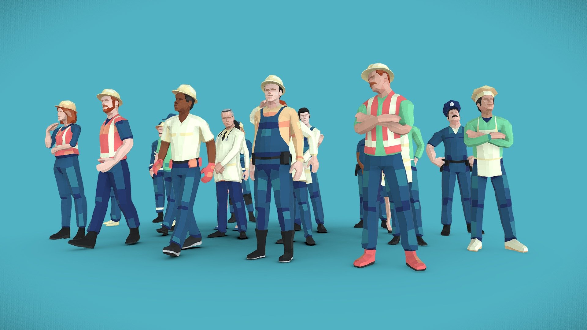 Bundle of 20 Low Poly characters representing most common professions. Great for mobile apps, animations and ArchViz. Created with 3ds Max 2022. All Rigged using Biped + Skin, see additional files for native .MAX files and FBX. UV mapping can be easily modified on 3ds Max using px Poly Paint Script. Tested for compatibility with Unity Engine Humanoid system.

This set is already part of the 100-Mega-Pack.

Try free samples!

Easy texture customization:

