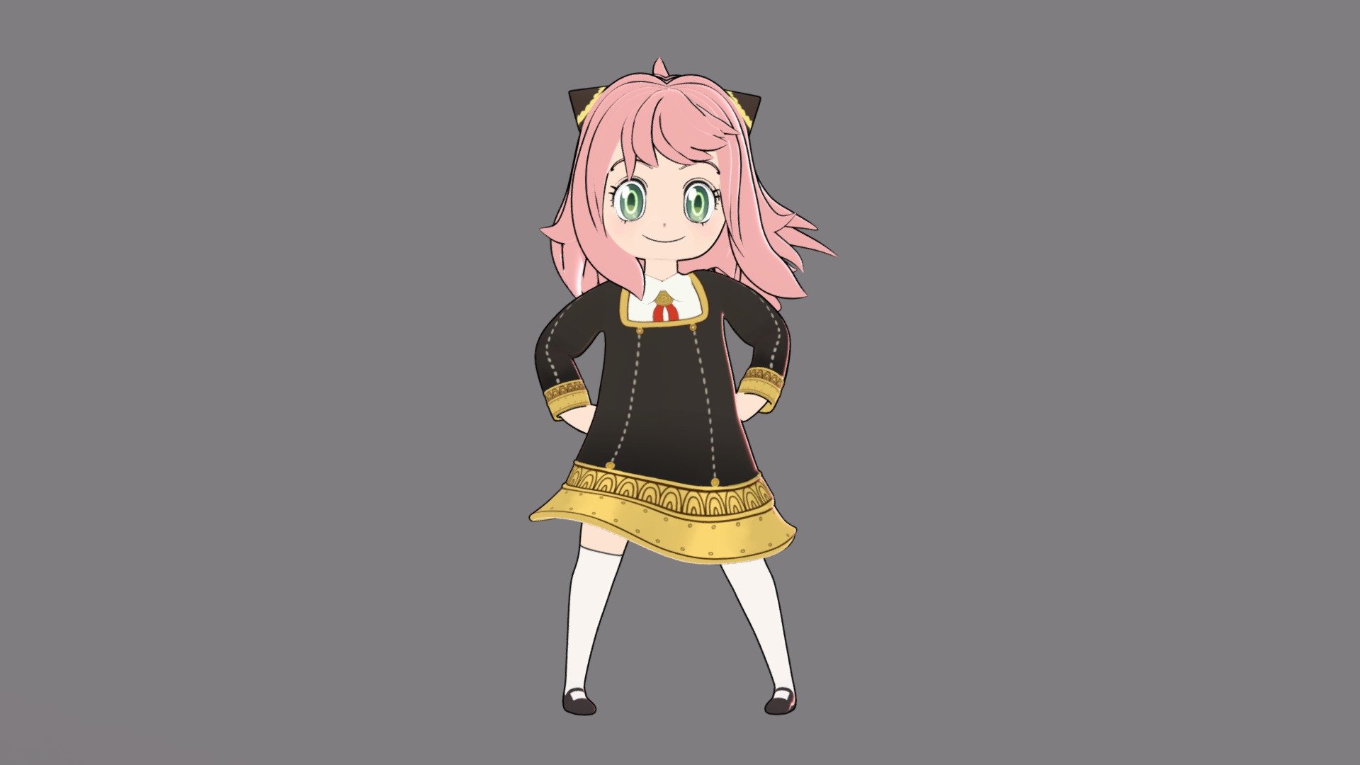 Anya Forger is one of the characters that has made me laugh the most lately in anime, so I decided to make a rig for personal projects and now you can also make your own animations with her.

The rig is perfectly compatible with Blender 3.0 and above, it still has a visibility problem with blender 2.9 that I want to solve soon.

The structure is based on Rigify but with some improvements for the facial rig, hair, and skirt.

-It has 13 facial expressions in the pose library.

-It has 5 different textures for her face:

Base, Funny smile, confused, No eyelashes, Shock face.

-3 textures for her eyes:

Base, solid color, and shiny with a star.

-28 Selections sets

All the textures are already packed with the blender file but I am uploading them separately just in case you need them.

You can contact me through any of my social networks if you have any problems.

Remember to Allow execution of scripts to use Rigify based rigs

Modeled and rigged by me

Based on Spy X Family

Enjoy it!