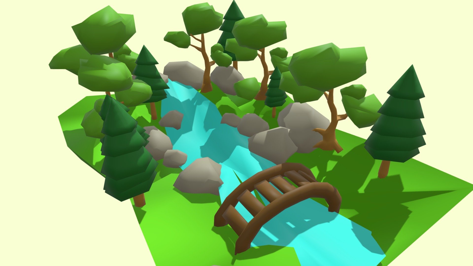 Mini scene that includes a forest, river and a bridge.