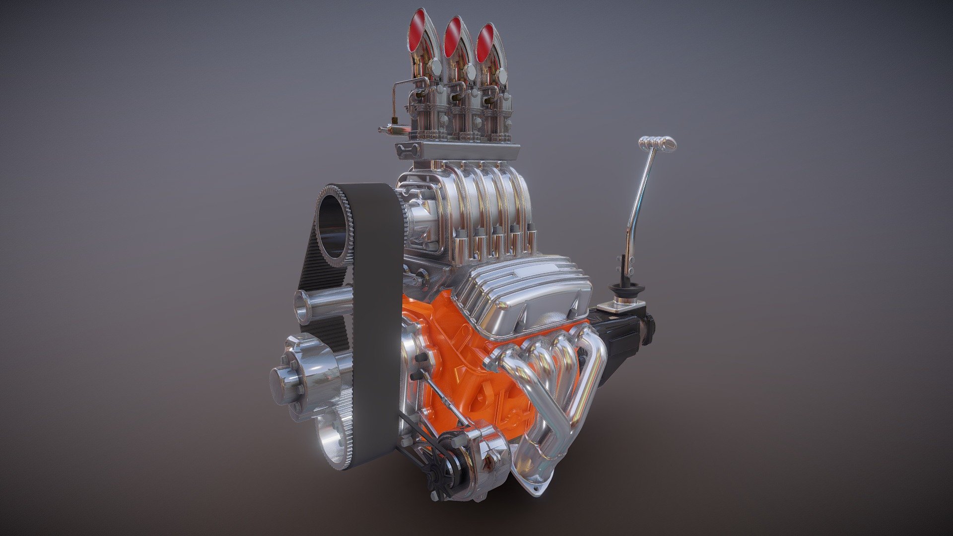 Cartoon V8 vintage engine highpoly model.
Model aviable as nurms model and as polygonal mesh.

parts list -

Small block. Heads. Chrome finned head covers. Transmission. Hurst shifter. Fuel pump. HotRod exhaust headers. Classic look supersharger. Oil pan. Custom manifold. Tim cover. Ignition coil. Fuel rails.