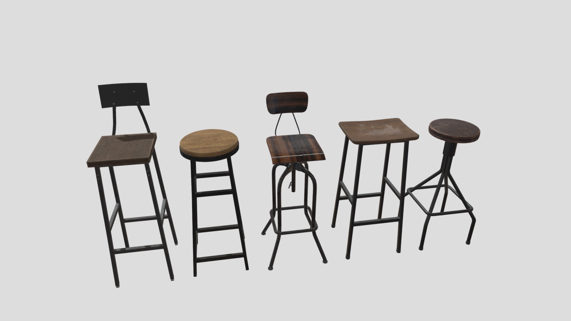 Set of 5 rustic, realistic bar stools textured with PBR. Game, VR, and archviz ready.