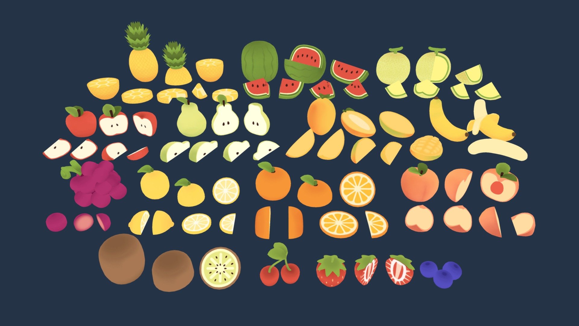 The Cute Fruits pack by PIXELATEDCROWN!

🍎🍌🫐🍈🍒🍇🥝🍋🥭🍊🍑🍐🍍🍓🍉


Cute, simple fruit models with a colorful, cartoon style 👑✨

You can get the apple model from the pack free here 🍎




15 different fruits, with most having sperated sliced models - 80 models in total!

28 texture .pngs

Zip file contains each fruit as their own .fbx file, as well as an .fbx of all the fruit together