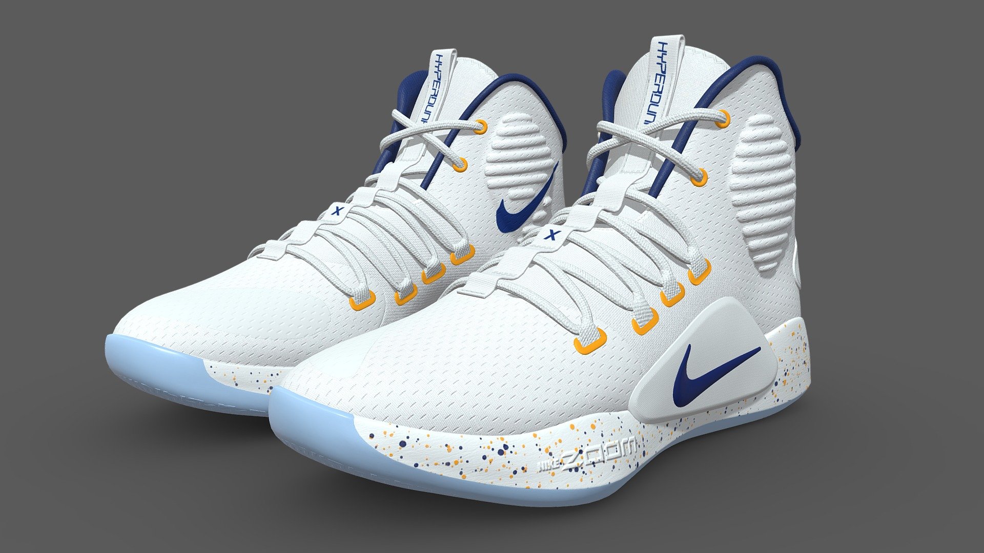 Nike Basketball Shoes Hyperdunk X EP

This model is suitable for use in broadcast, film , advertising, visualization, games. etc
The model is accurate with the real world size and scale

**[ TEXTURES ] **

Textures Formats: PNG 8192 x 8192
Textures Formats: PNG 4096 x 4096

Blender file included with 8K Textures Embedded within the file.
Both the shoes share the same textures except for the Roughness &amp; Normap Map which is named as Right for the right shoe. 
UVs are non-overlapping and unwrapped in a very clean manner.