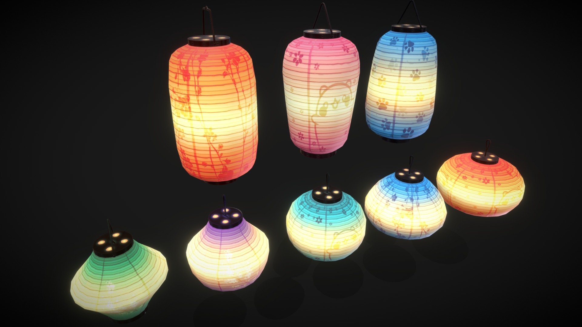 
The lamps can be used with or without hangers.

You can use random animation or animation without.

No animation on the models shown here.



1 FBX pack

1 VRChat Unity Pack: -Udon -Unity 2019.4.31f1

1 Unity Pack: -C# -Unity 2020.3.42f1 or newer -BuiltIn/URP



30 pre-designed textures:


In the included PhotoShop file, you can easily create a new color scheme and add custom graphics.



FBX Contents:

1 Animaton

2 Random Anim script (c#/Udon)

5 types of hangers

8 types of paper lamp

30 textures - 1024px png

1 PSD



Unity Contents:

1 Random Anim script

1 Animation + prefab

1 Demo Scene

5 types of hangers

8 types of paper lamp

30 textures - 1024px png

30 material

8 prefab with animation

13 static Prefab

1 PSD


If you have any problems or need help with the package, drop me a line.