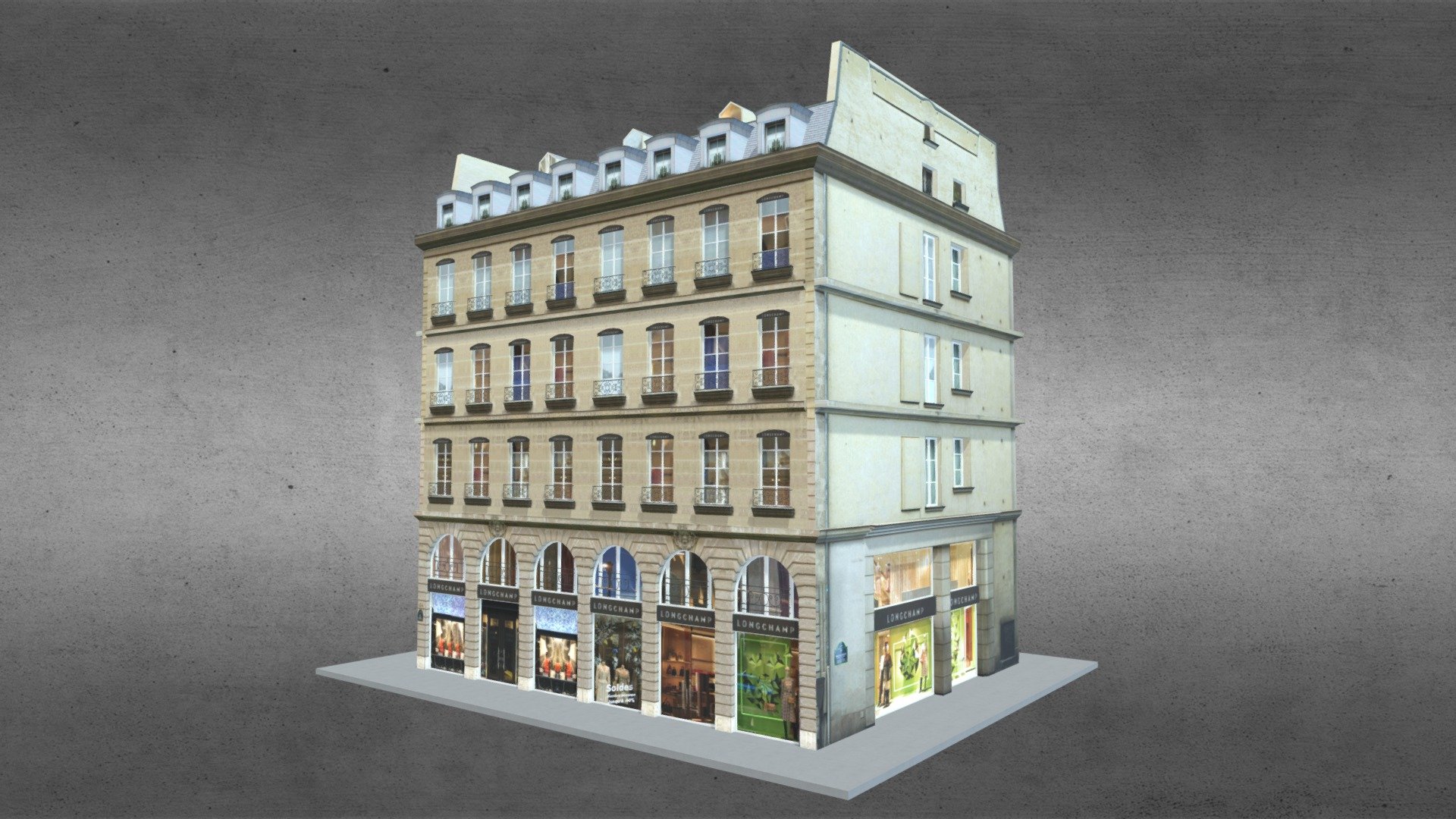 Typical Paris Building 01
Originally created with 3ds Max 2015 and rendered in V-Ray 3.0

Total Poly Counts:
Poly Count = 62106
Vertex Count = 64093