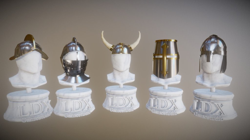 Available at: -link removed-#!/content/97731  Five historical and famous helmets:  * Great helm;  * Burgonet (cavalry);  * Morion (spanish conquistadors);  * Spangenhelm (russian)  * Viking horned helmet