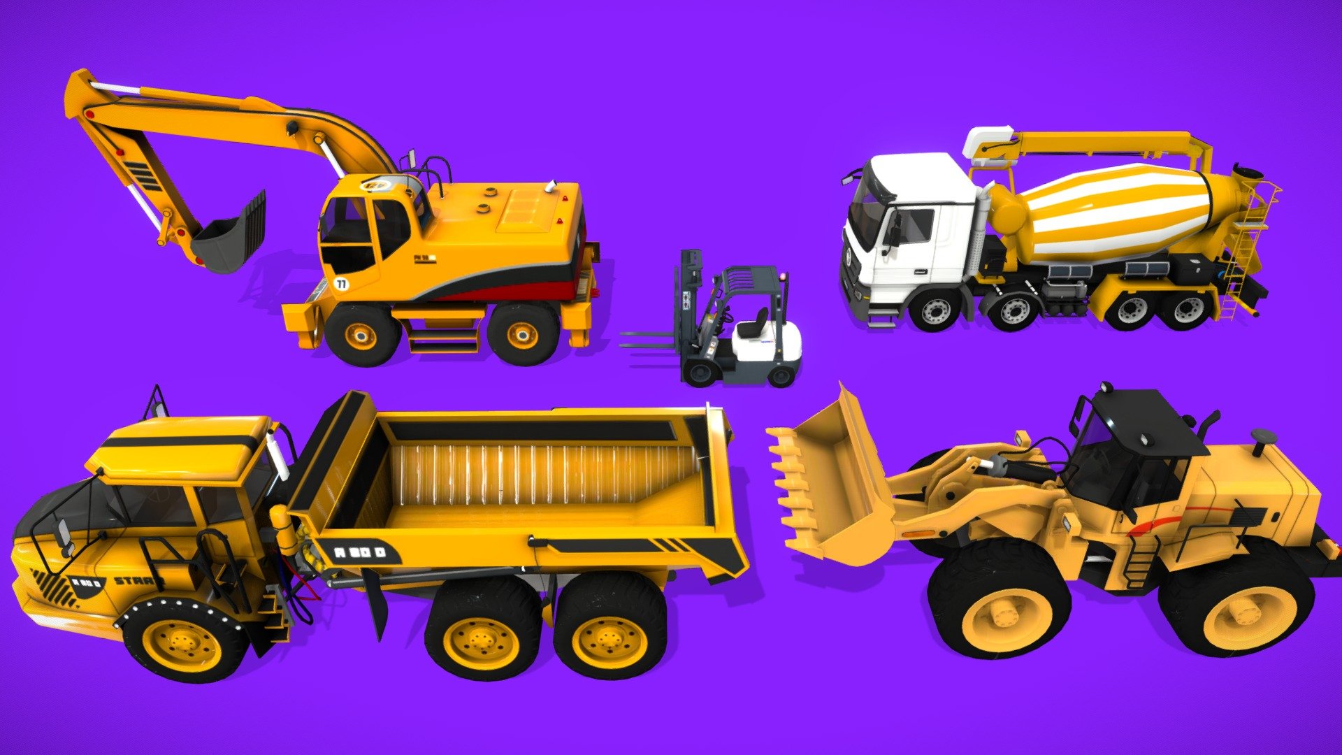 Introducing the Low Poly Construction Vehicles Pack – a meticulously crafted collection of 3D models tailored for mobile game developers, now available on the online asset store. This comprehensive pack brings a fleet of essential construction vehicles to life in a charming low poly style, perfect for adding a touch of realism and functionality to your mobile game environments.

Technical Details:

Texture dimensions: 1024px (Diffuse/Normal/Specular)

Number of models: 5

Rigged: Yes

UV mapping: Yes

Polygon Counts:

Excavator: Verts 15.2k

Bulldozer: Verts 14.5k

Mixer Truck: Verts 17.5k

Loader Truck: Verts 14.2k

Forklift: Verts 9.1k

Don't miss the opportunity to elevate your mobile game's construction-themed levels with the Low Poly Construction Vehicles. Streamline your development process, captivate players with charming visuals, and create an immersive gaming experience that's both delightful and optimized for mobile platforms. Get your pack today and start constructing your virtual world!