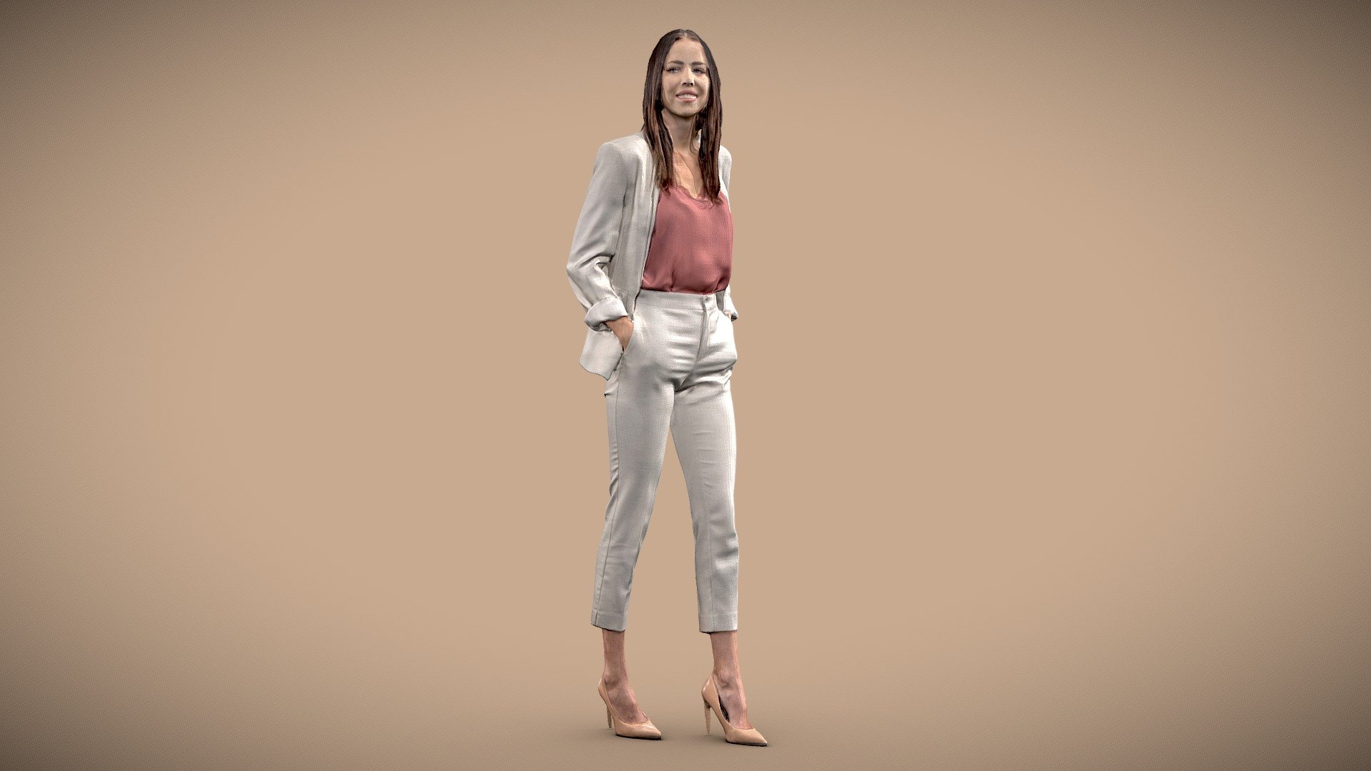 Full body of happy young adult brunette business woman walking with hands in pockets

Wearing light colored suit and high heels

Posed photogrammetry scan with
8192x8192 8k diffuse map
8192x8192 8k normal map
8192x8192 8k roughness map

Included formats blender, fbx, obj + mtl and stl.