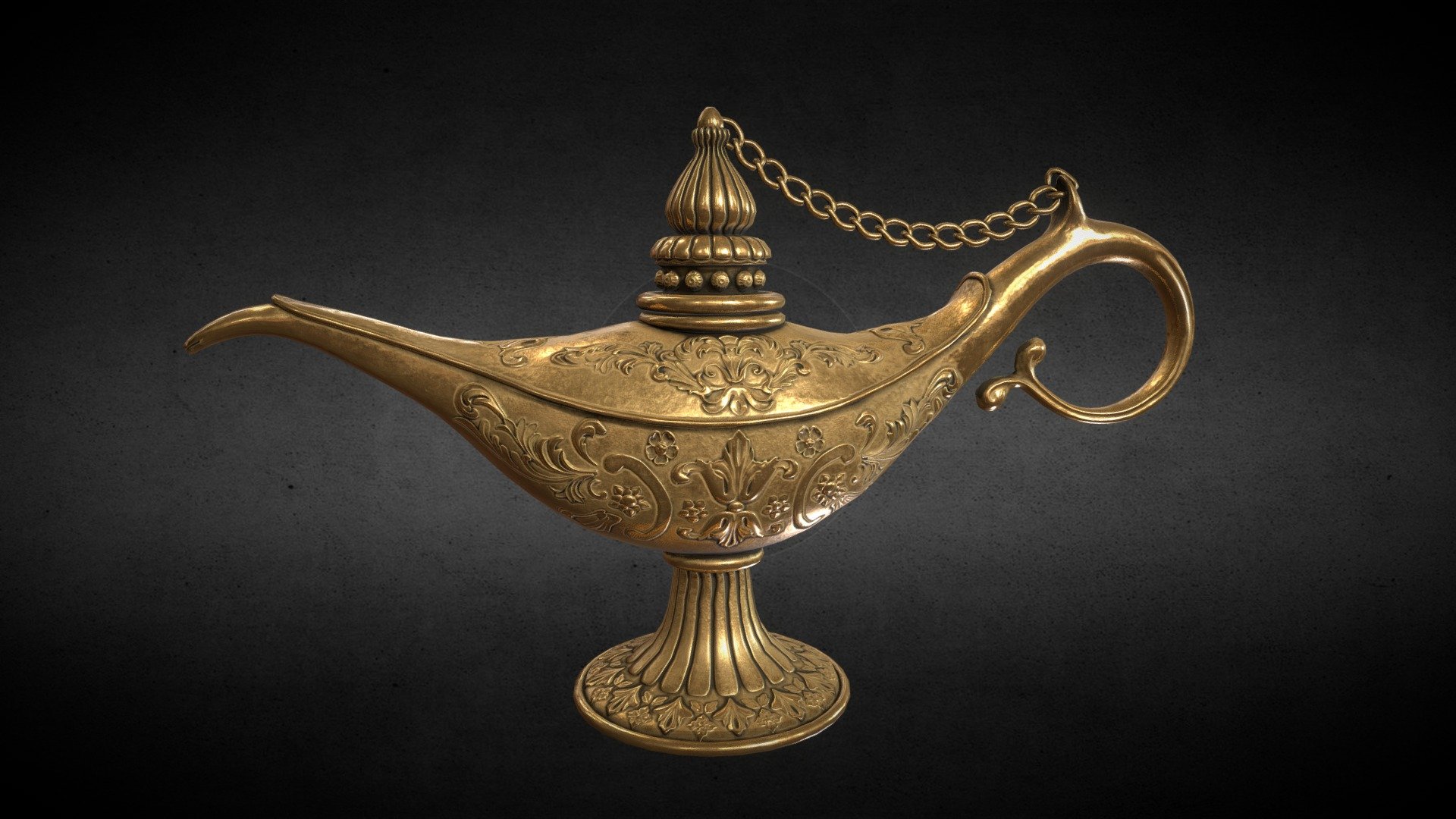 Get Lamp - https://www.artstation.com/a/15286

This Magic Oil Lamp is a high quality model that will enhance detail and realism to your projects.

There are max(2018), blend (2.8) , FBX , OBJ and STL files.

The object UV mapped and textured(4096x4096)
 - PBR                     - Diffuse/Base Color/Alebdo, Normal, Metallic, Roughness, Height/Displacement
 - Unity(Metalic Standart) - AlbedoTransparency , AO , MetallicSmoothness , Normal
 - Unreal Engine 4         - BaseColor , Normal , OcclusionRoughnessMetallic
 - Beked Maps              - Ambient Occlusion, Curvature, Normal_Base, Position, Thickness, World Space Normals

The object have baked mesh maps for Substance Painter (4096x4096)

There are Smart Material for Substance Painter + mesh maps(You can change textures of object)

Rendered in Marmoset Toolbag

poly - 5243

vert - 5164