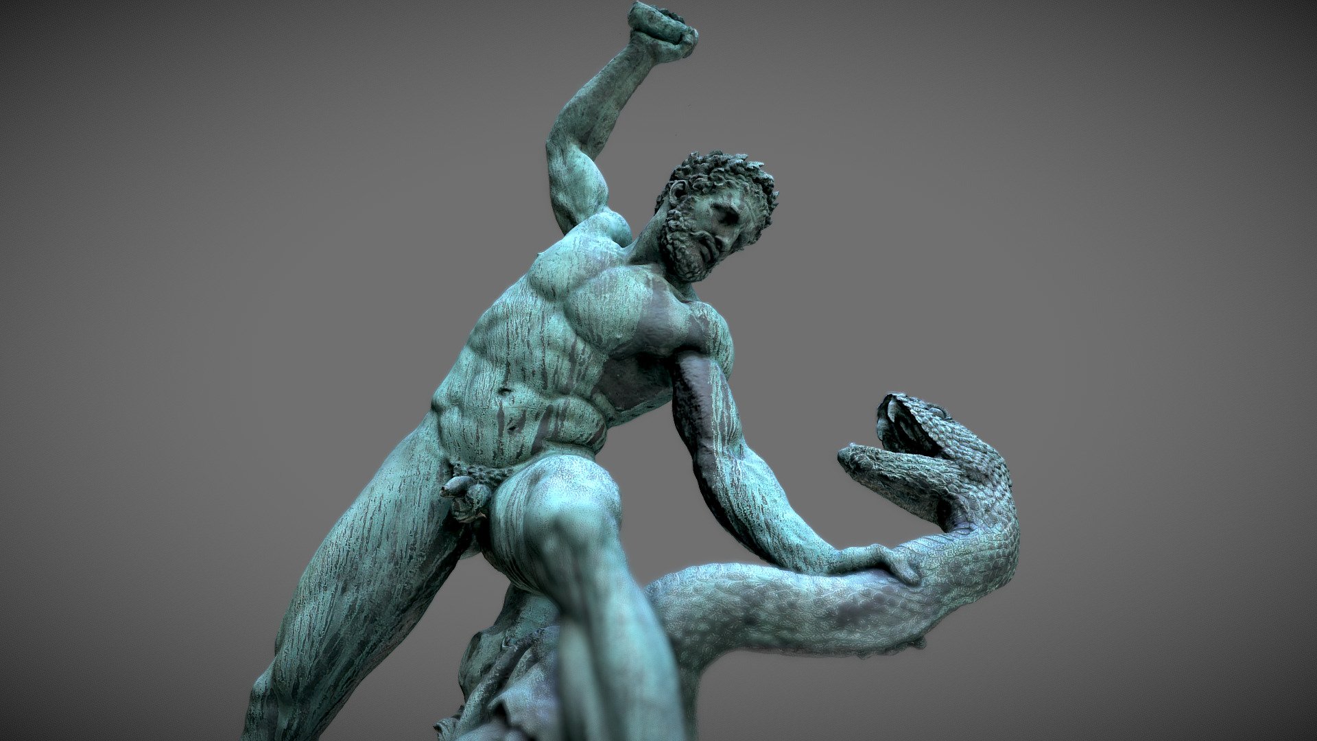 Quick and wild scan in Louvre Museum, 198 shots only without any tripod.
Process with Reality Capture.

The plaster model was exhibited at the Salon in 1814.
The subject is taken from Ovid's Metamorphoses: Achelous was Hercules' rival for the love of Dejanery; during the battle, Achelous turned into a snake but was defeated by Hercules. Thus Hercules made himself loved by Déjanire. Later, trying to revive the love he had for him, Déjanire offered Hercules a tunic impregnated with the blood of Nessus which, instead of being a love potion, turned out to be a burning poison.