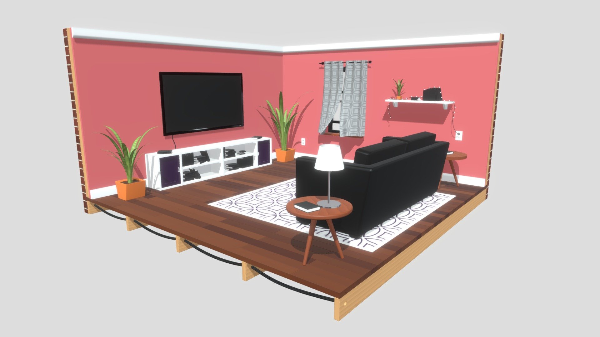 Simple low poly living room made using blender. This scene has a TV, an entertainment centre table, side tables, books, book shelf, plants, a couch, a rag, a lamp and a decoration light.