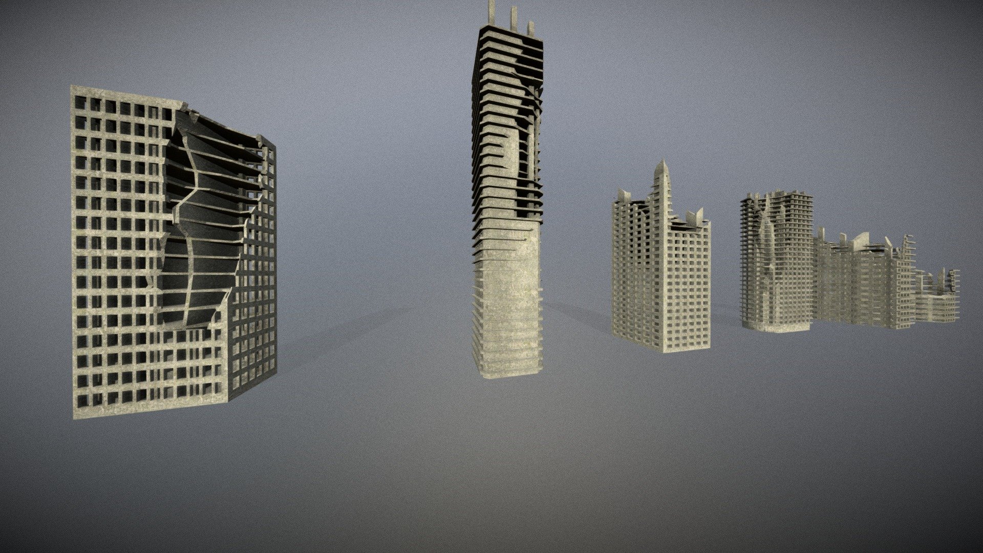 A set of post apocalyptic broken buildings.
I recently made some these models for a scene and I thought I could put them up for download so here you go.
these are made for background stuff and/or foggy scenes because they aren't that detailed.

One or more textures on this 3D model have been created with photographs from Textures.com. These photographs may not be redistributed by default; please visit www.textures.com for more information.