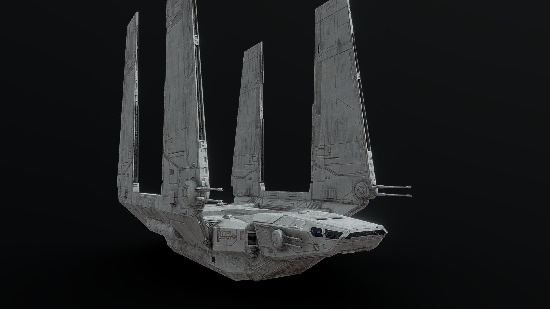 A low poly Zeta-class shuttle, as seen in Rogue One and Jedi: Fallen Order! My most detailed texture yet. This model is probably about 85% accurate, although I've gone for a more standard imperial gray to match the Lambda shuttle, rather than the black and orange we first saw in Rogue One. Fits in really well with the rest of the Empire's fleet.

The wings and laser cannon turrets are all separate objects with the correct pivot points to rotate into flight mode. A few areas are very slightly simplified to keep the polycount low, and everything uses the same 2048x2048 textures. It also has a rough cockpit interior just with some glowing lights to add a bit of depth, but if you want to save performance you can delete it and make the windows opaque. Enjoy! As with my other ships, it is modeled to the correct accurate scale.