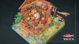 Sushi Bear - Diorama sculpt, food, bear, chef, diorama, sushi, shannon, substancepainter, maya, game, 3d, photoshop, art, gameart, model, house, zbrush, sushibear, shannxn