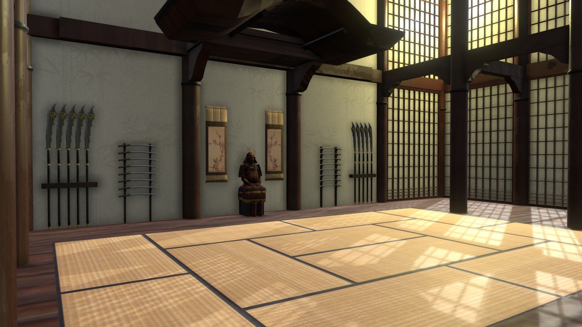 The interior dojo scene with a Samurai Armour set and weapon racks.
Maya and Z-brush.

Music: Total War Shogun 2 Menu Theme