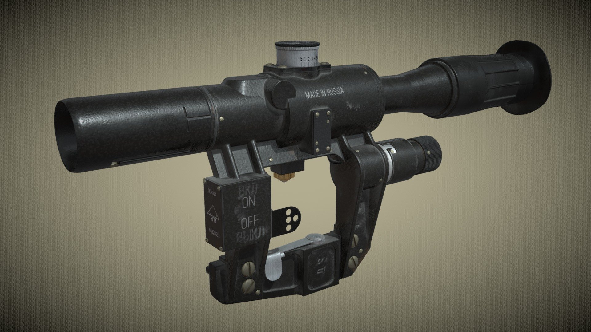 PSO-1M2 Scope made for the course ‘Game Asset Pipeline’ at Digital Arts &amp; Entertainment - Howest.
 Modeled using Maya and Zbrush and textured in Substance Painter.
