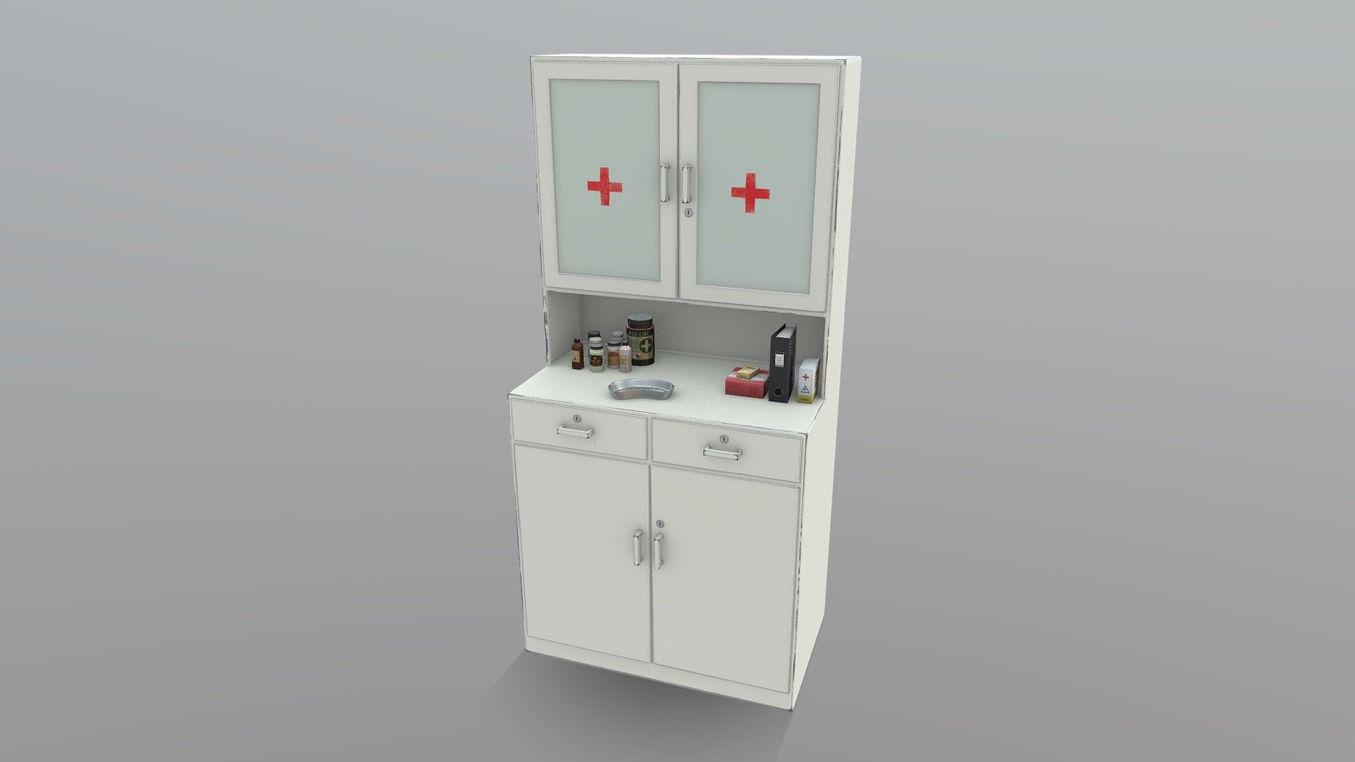 **Hospital Cabinet - Low Poly **
(Real proportions).

Game Ready! 




There are 14 assets in one file, each one has its own name. 

All assets have the same default material. 

There is only one set of PBR textures for all meshes. 

The topology is quad-based. 

There are no ngos in the mesh. 

All medicines labels are fictitious and royalty-free.

Assets: 1 cabinet, 1 binder, 1 bowl, 3 medicine boxes, 8 medicine bottles. 




There is a zip file with .blend, .obj .fbx and textures. 

*object was not modeled for a 3d printer. 

*If you need any mesh ot texture adjustments, let me know.