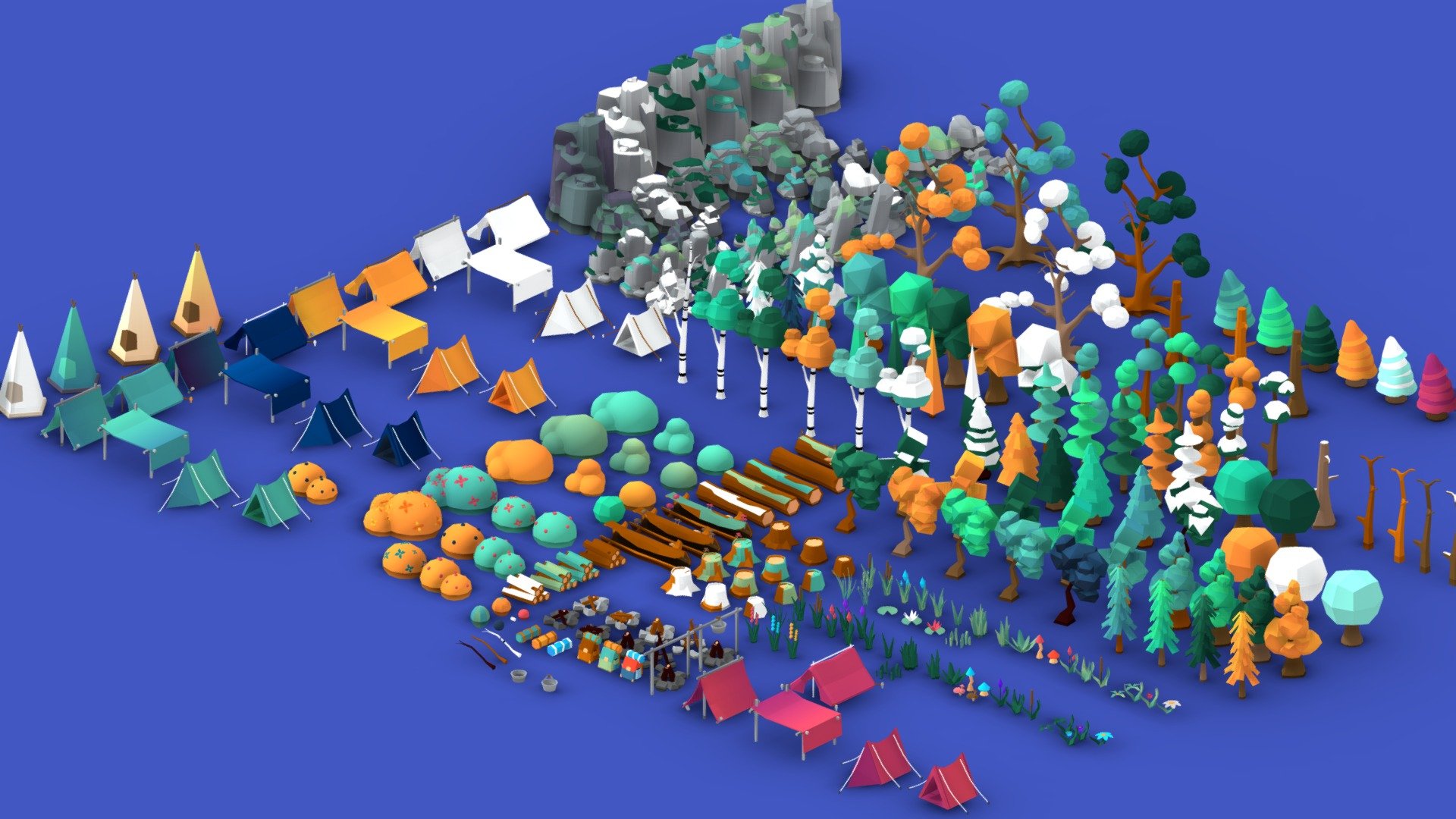 Huge Asset pack containing 290 props for your low poly game .



Contents :
Trees ( Oak , Pine , Logs , stump , trunks , etc ) -Stones&amp;Rocks ( Normal stones , mossy , snowy , etc ) -Plants&amp;Flowers ( Lily-Pads , Random Flowers , Bellflowers , Grass , Mushrooms , Cattail ,etc ) -Camping Stuff ( Teepee , Survival tent , Snake Tent , Stick , Cooking Fire , Pot , Marshmellow , etc ) Game-Ready - All the models use a single texture that contains all the colors used.


Format : .fbx &amp; .obj

Note : I there are multiple color variations for the same object for example :

Pine : 1.Pine-Green -2.Pine-Dark-Green 3.Pine-Snowy 4.Pine-Red.5.Pine-Alpine Green . etc .

Same thing goes for Tents , stones ,bushes