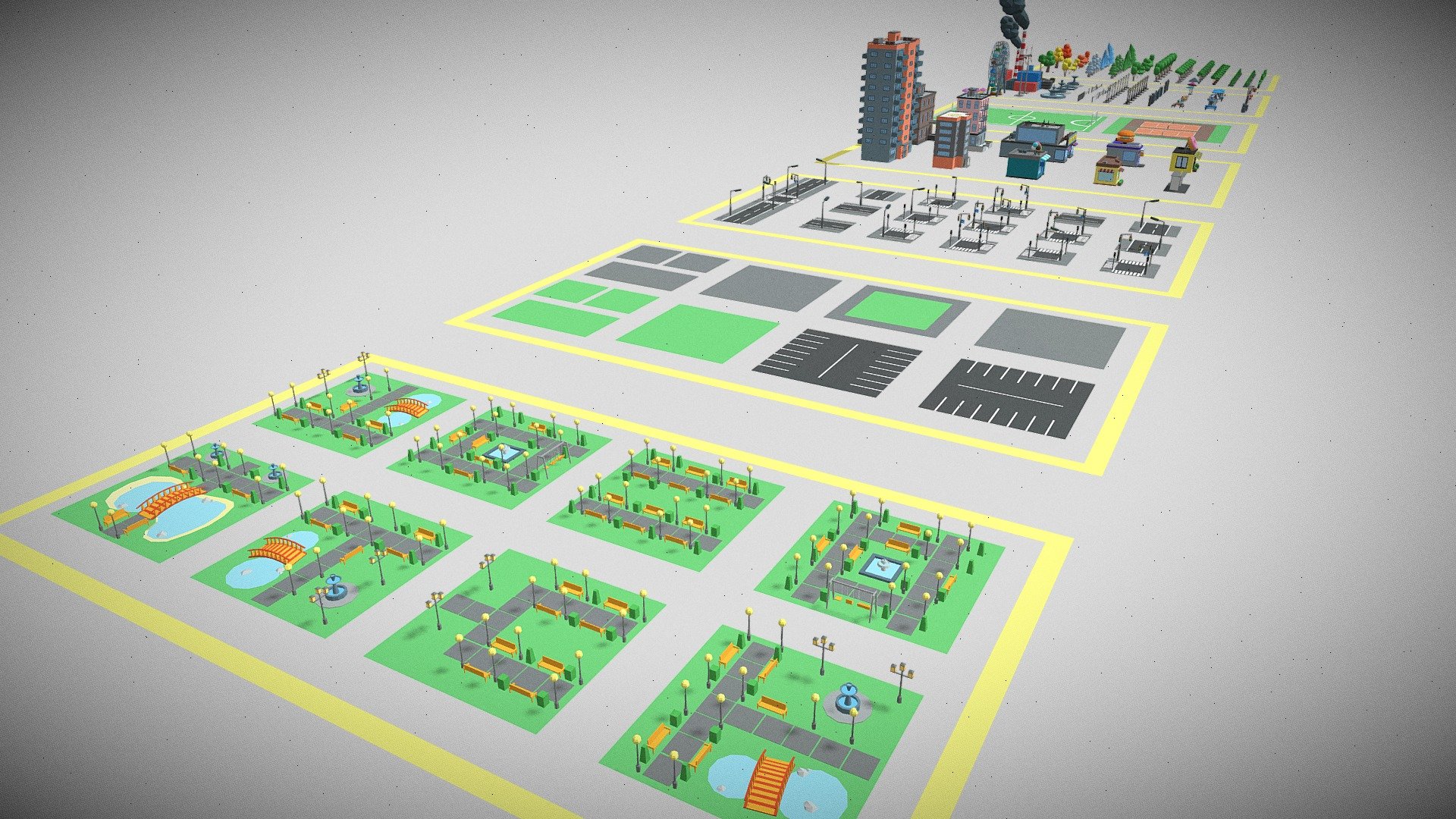 City Set props are designed to help you create and make your work easier.

The package consists of 7 collections: parks, tiles, intersections, buildings, stadiums, props, trees.

Props - two types of benches, three types of billboards, a bus stop, a coffee shop chair, a trash can, a fence, a hydrant and a windmill. Roof supports - antenna, helipad, solar panel, aerial supports and much more. Road props - street lamp, traffic cone, barrier, signs, two types of signals.

Roads is a tile based road system so we can build roads easily. Road parts, concrete parts and much more.

This makes it very easy to assemble any city you need.

All models have 238k thousand triangles. all models use only one texture and one material

The kit includes the following files: blender\ c4d \ maya\ 3dsmax\ fbx \ obj

If you liked this set, please leave a review! This will help me create an even better product and make you happy!